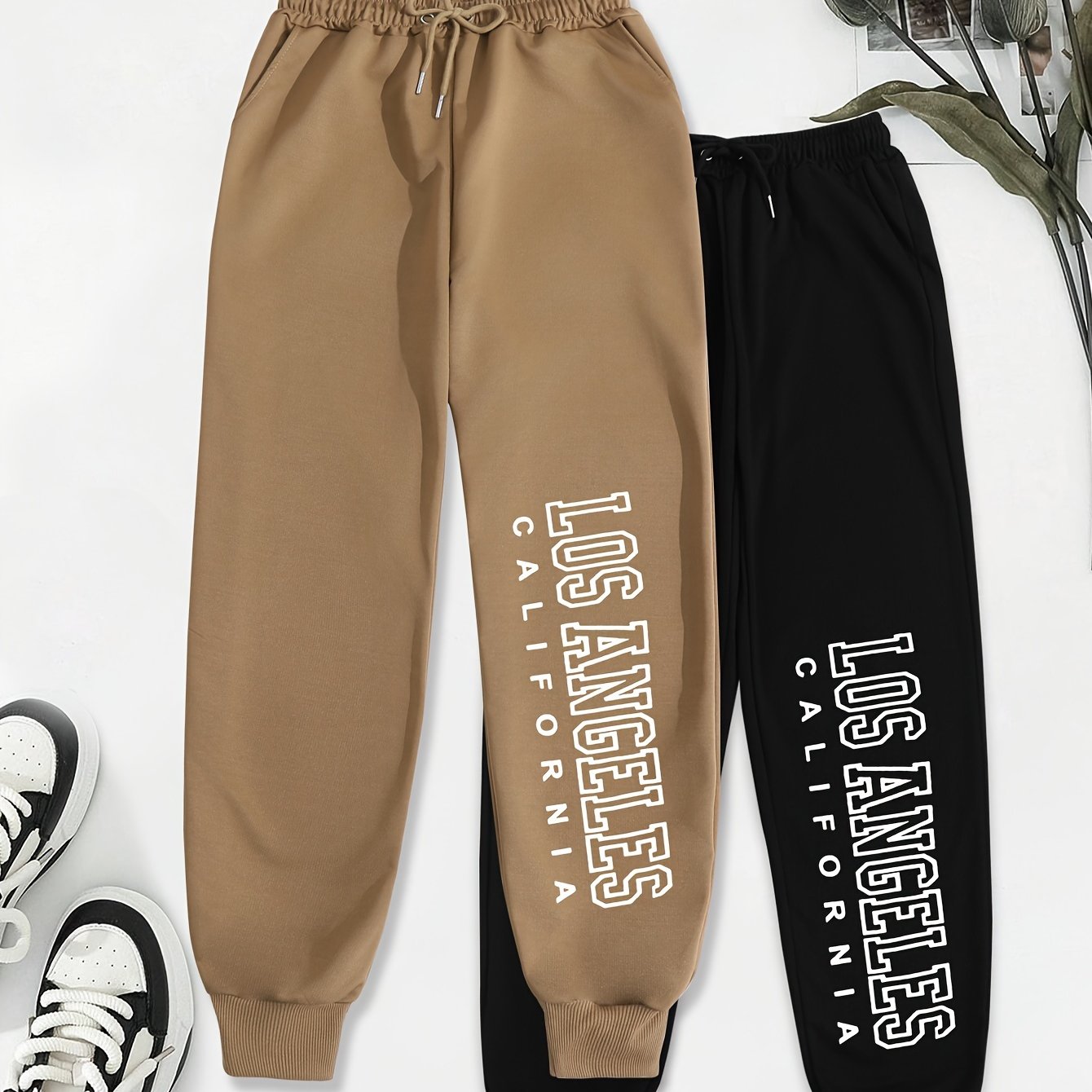 TEMU 2pcs, Letter Print Pants, Elastic Waist Casual Trousers, Women's Clothing