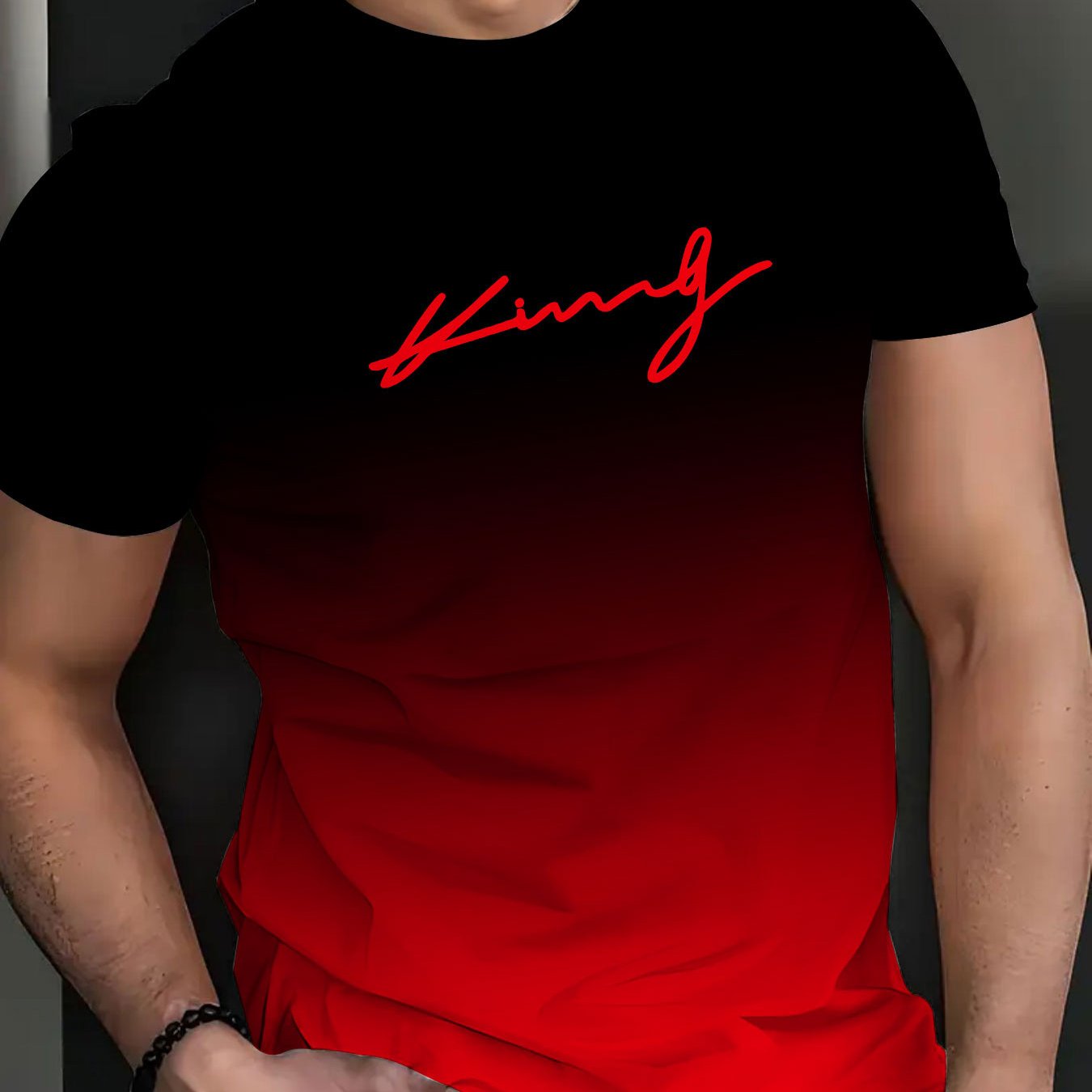 TEMU Men's Summer Gradient T-shirt - Black To Red Ombre With King Letter Print, Breathable Round Neck Casual Short Sleeve Tee, Machine Washable