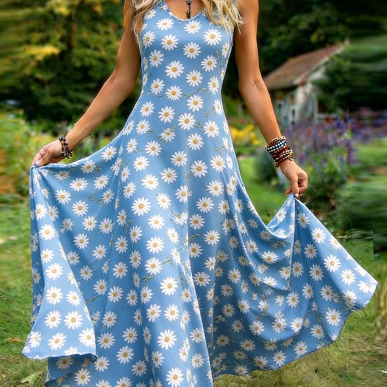 Image of Women's Vintage Style Sleeveless Dress With , V-neck A-line Maxi Skirt, Easy To Wash, Perfect For Daily Use And Holidays