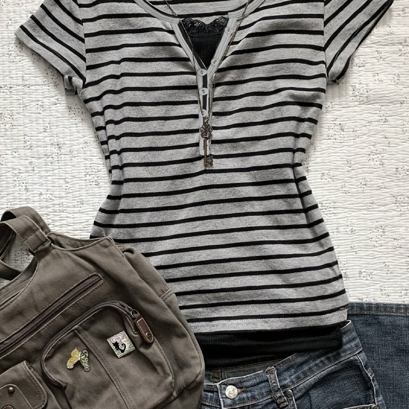 Image of Casual Fashion Women's Striped Button Short Sleeve T-shirt - Niannian