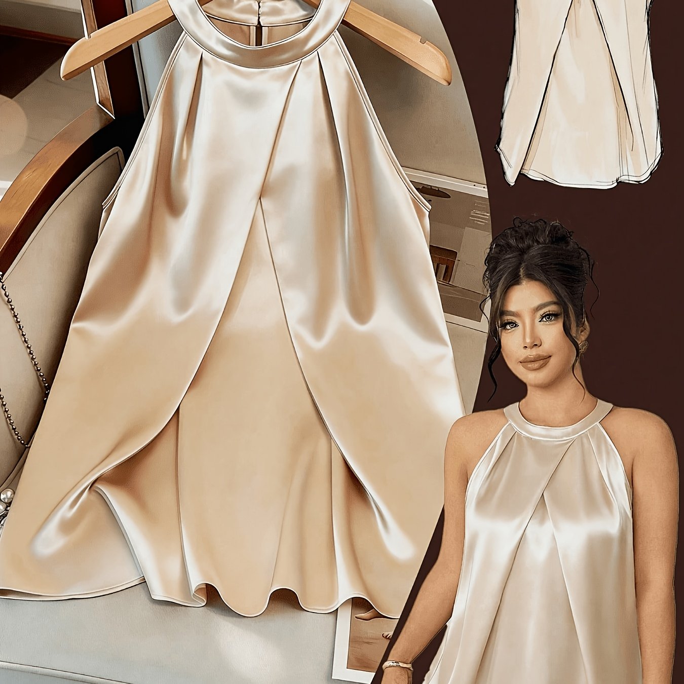 Eleganten satenast nabran telovnik v za močnejše postave, bluza brez rokavov z ovratnikom, enobarvna, plus size ženska lahka luksuzna nabrana