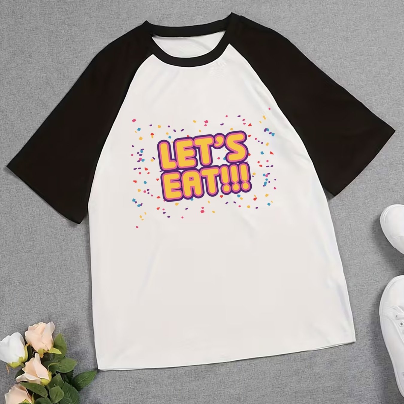 TEMU Short-sleeved Top With Raglan Sleeves And Prints, Eat!!!, Trendy Women's Shirt For Food Lovers, And Block, Stylish And Versatile