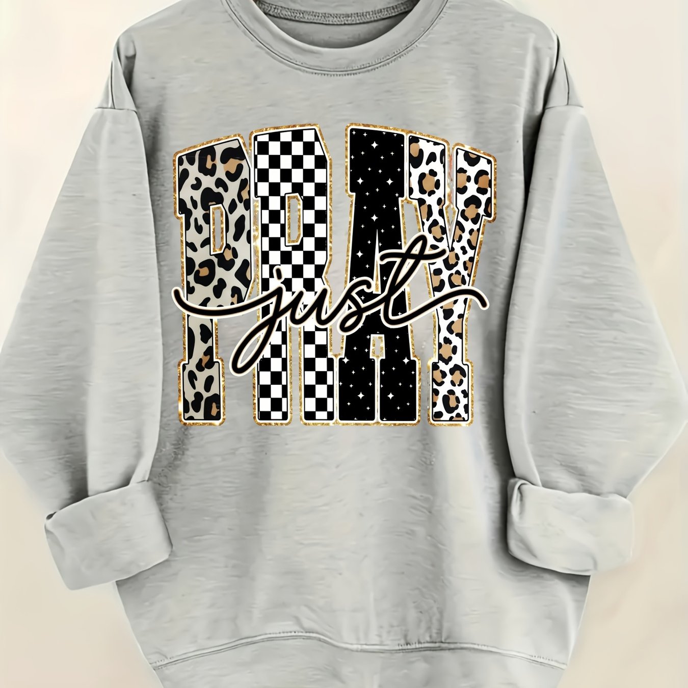 TEMU Women's Classic Crewneck Sweatshirt Varsity Style Graphic With Mixed Prints Leopard Checkered Star Accented With Glitter Golden For Casual Style