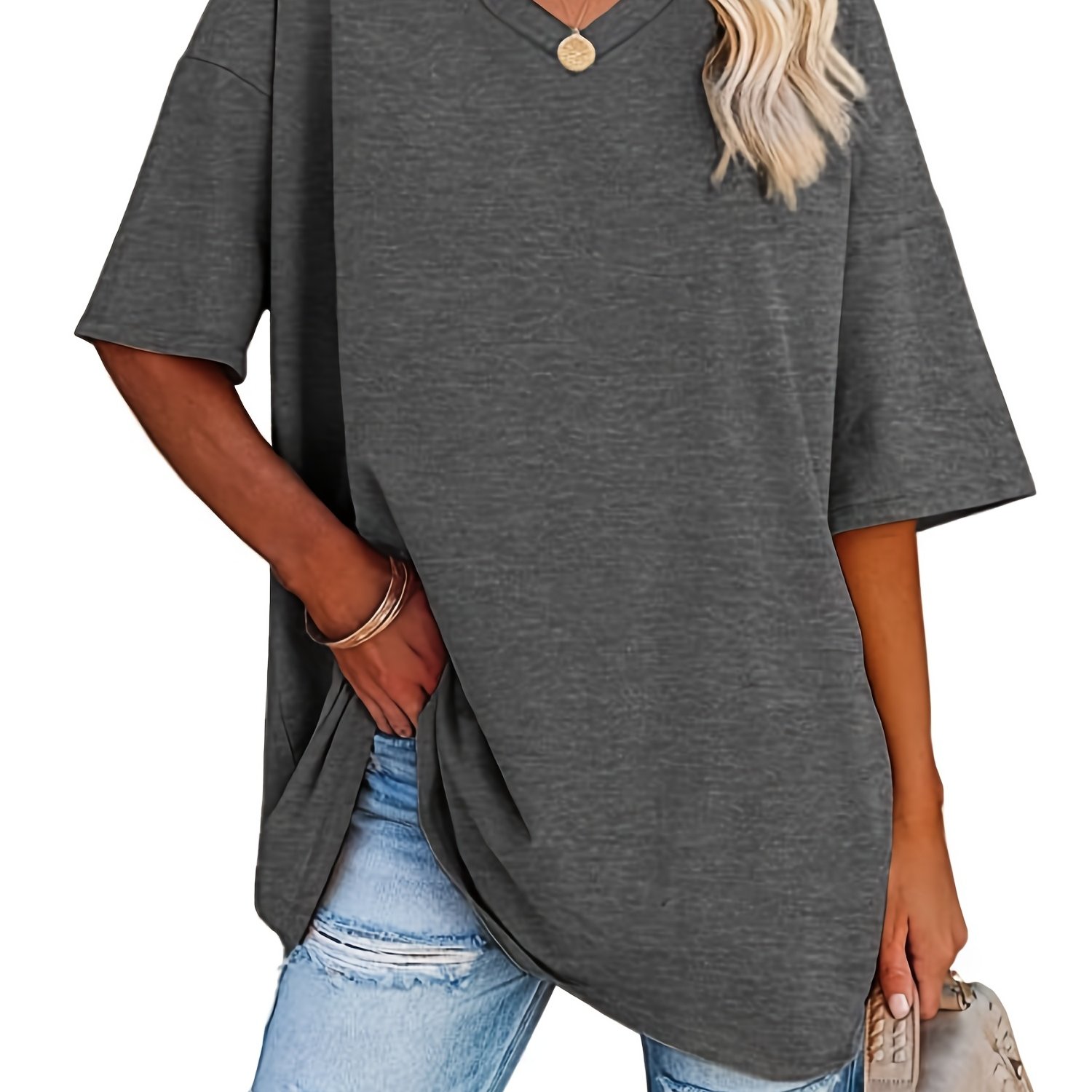 TEMU Women's Oversized T Shirts Half Sleeve Plain V Neck T Shirt Basic Tees Loose Tunic Tops