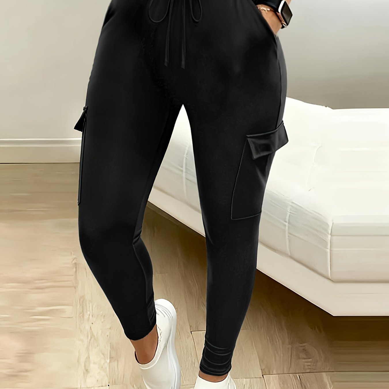 Image of Plus Size - Plus Size - Plus Size Women's Spring Summer Black Cargo Leggings - Drawstring Waist Side Pocket Slim Fit Outfit For Daily , Casual & Weekend