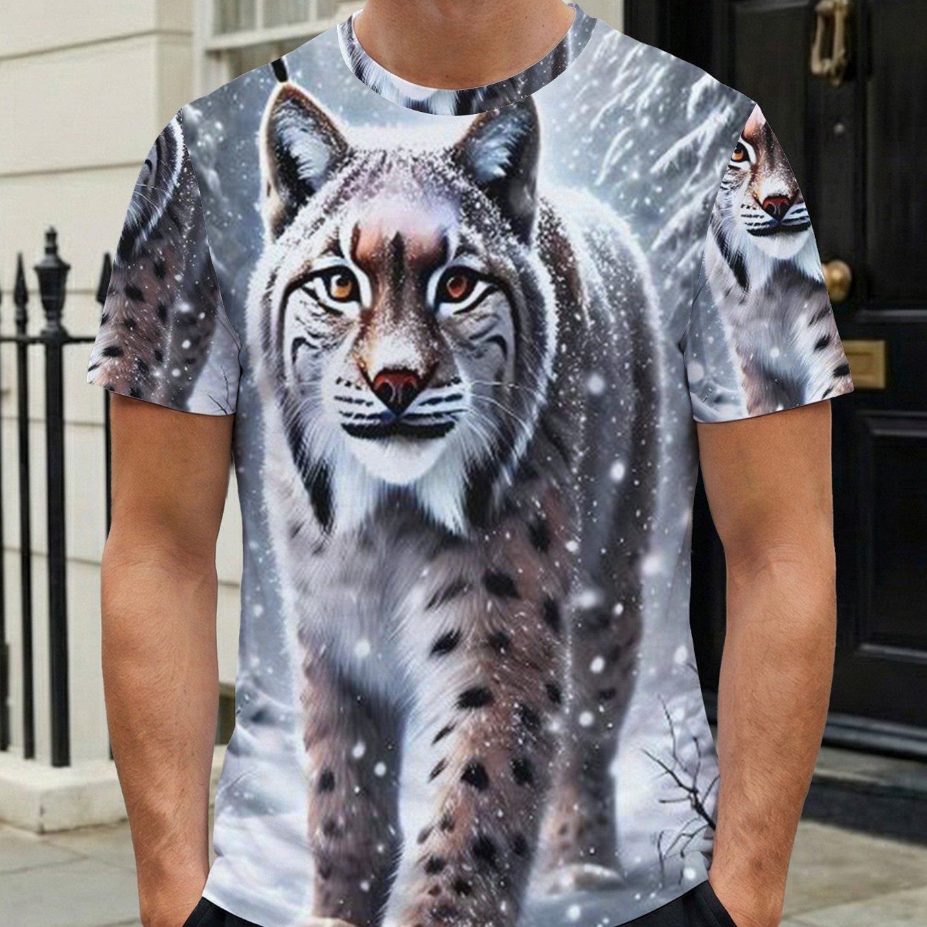 TEMU [printed Design Not Textured] Men's T-shirt Snowy Lynx Gaze Through Casual Breathable Round Neck Casual Tee For Gym Outdoor Parties - Festive