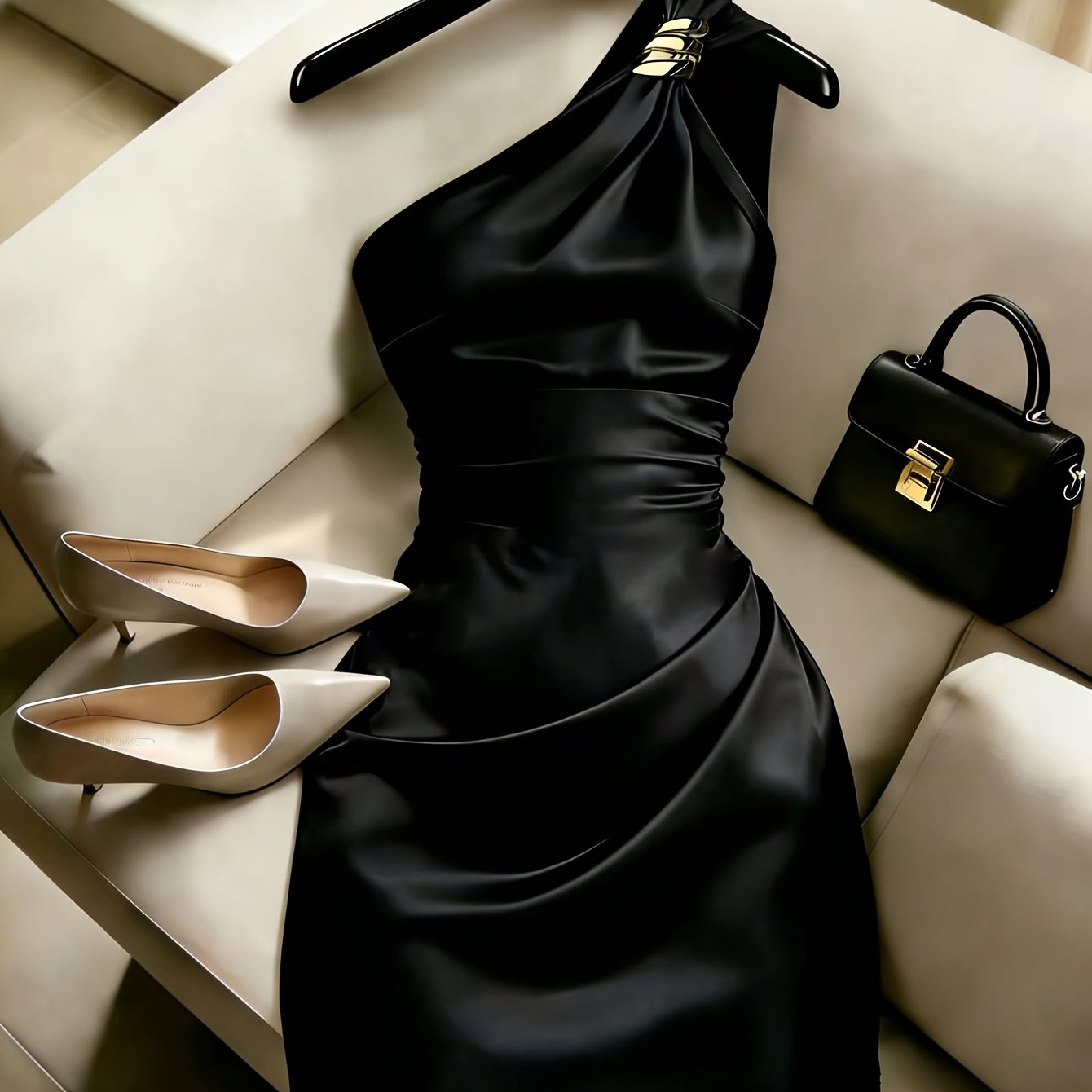 TEMU Robe d'épaule dénudée haut de gamme en satin uni avec boucle métallique, plis latéraux pour définir la taille, mini-jupe cintrée d'été Y2K pour