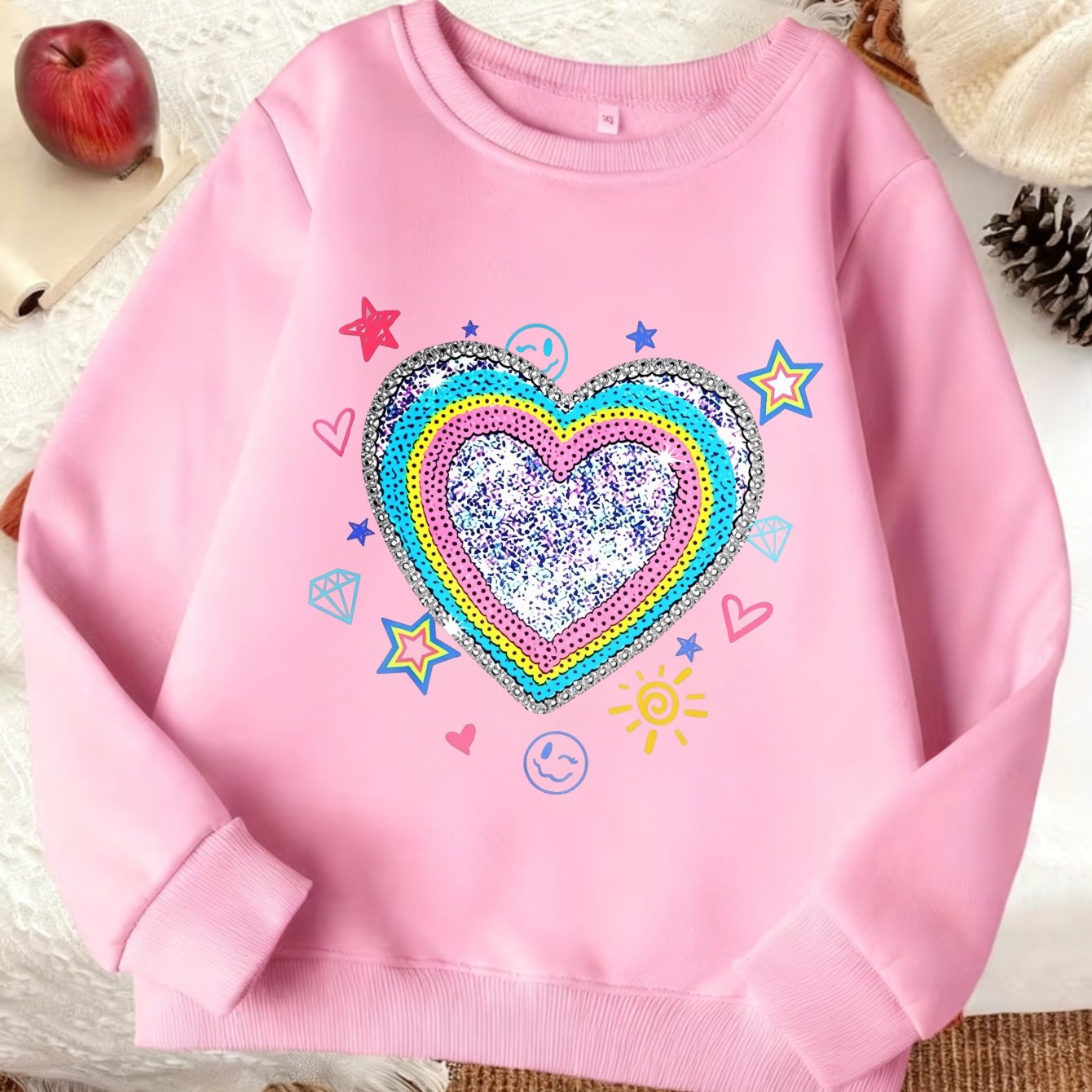 Image of Round Neck Sweatshirt Rainbow Sequin Heart Pattern Trendy Print Sweatshirt Neck Sweatshirt Pure Cotton Terry Thickened Round Neck Sweatshirt Autumn Winter Daily Wear School Play Gift For