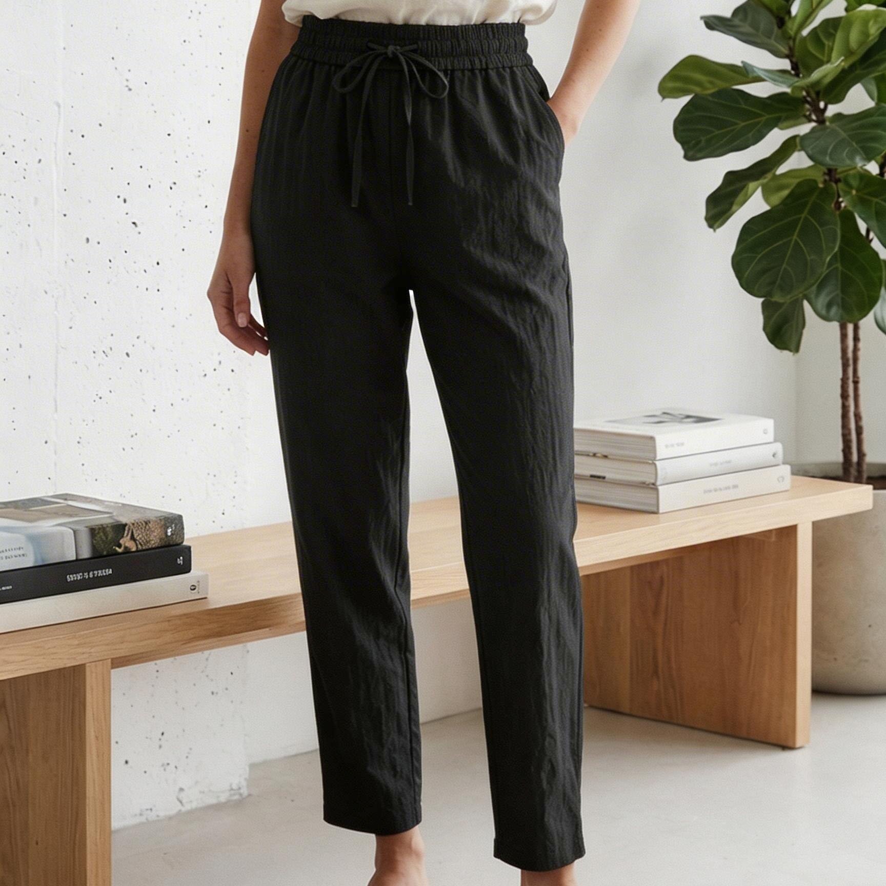 E-shop Sommer Schnelltrocknende Eisfaser Stoff Elastische Taille Kordelzug Cropped Sportliche Freizeithose Damen Frühling Schleier Gerader Bein Harem