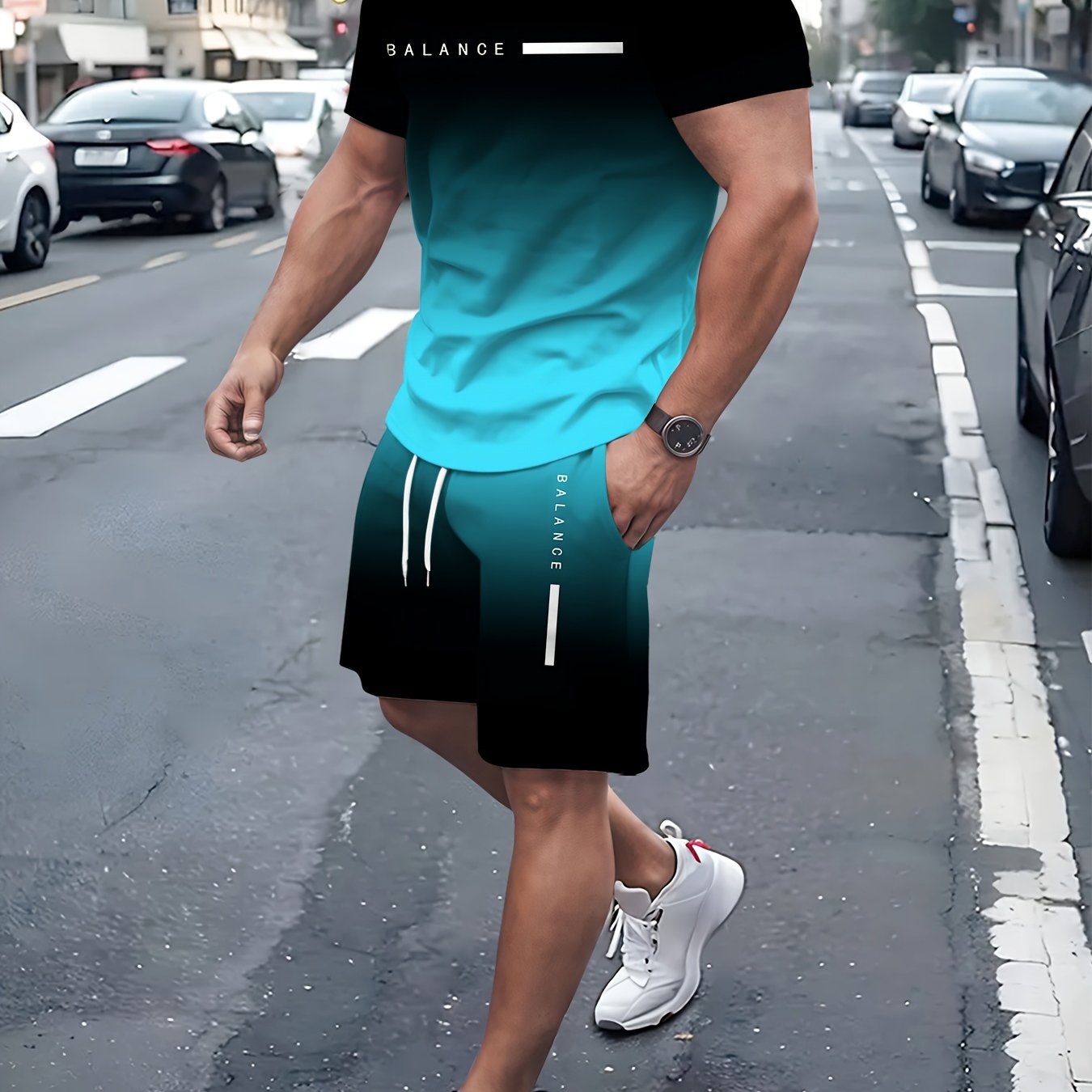 TEMU Plus Size Summer 's Short Sleeve Shorts Set[print Design- No Texture] Gradient Letter Signature Digital Full Body Print Men's Crew Neck Pullover