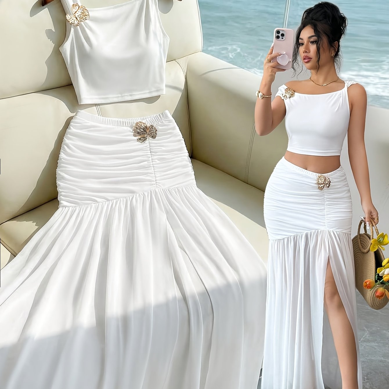 TEMU Golden Label Style Summer Easy Elegant Off-shoulder Asymmetrical Top And Mesh Slit Skirt Set Women's Elegant Two-piece Outfit, Featuring A Cami