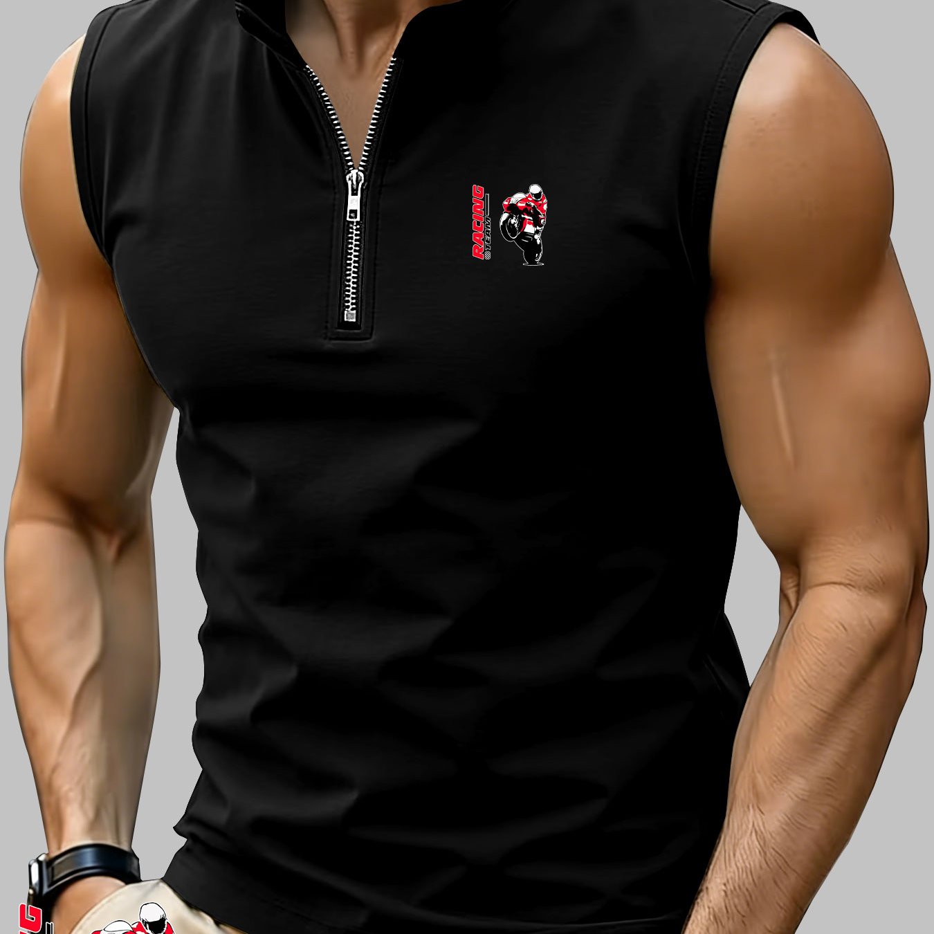 TEMU Men's Summer Sleeveless Zip-up T-shirt Top With Hand Print, Business Casual Henley Shirt, Lightweight Breathable Sleeveless Casual Sport T-shirt