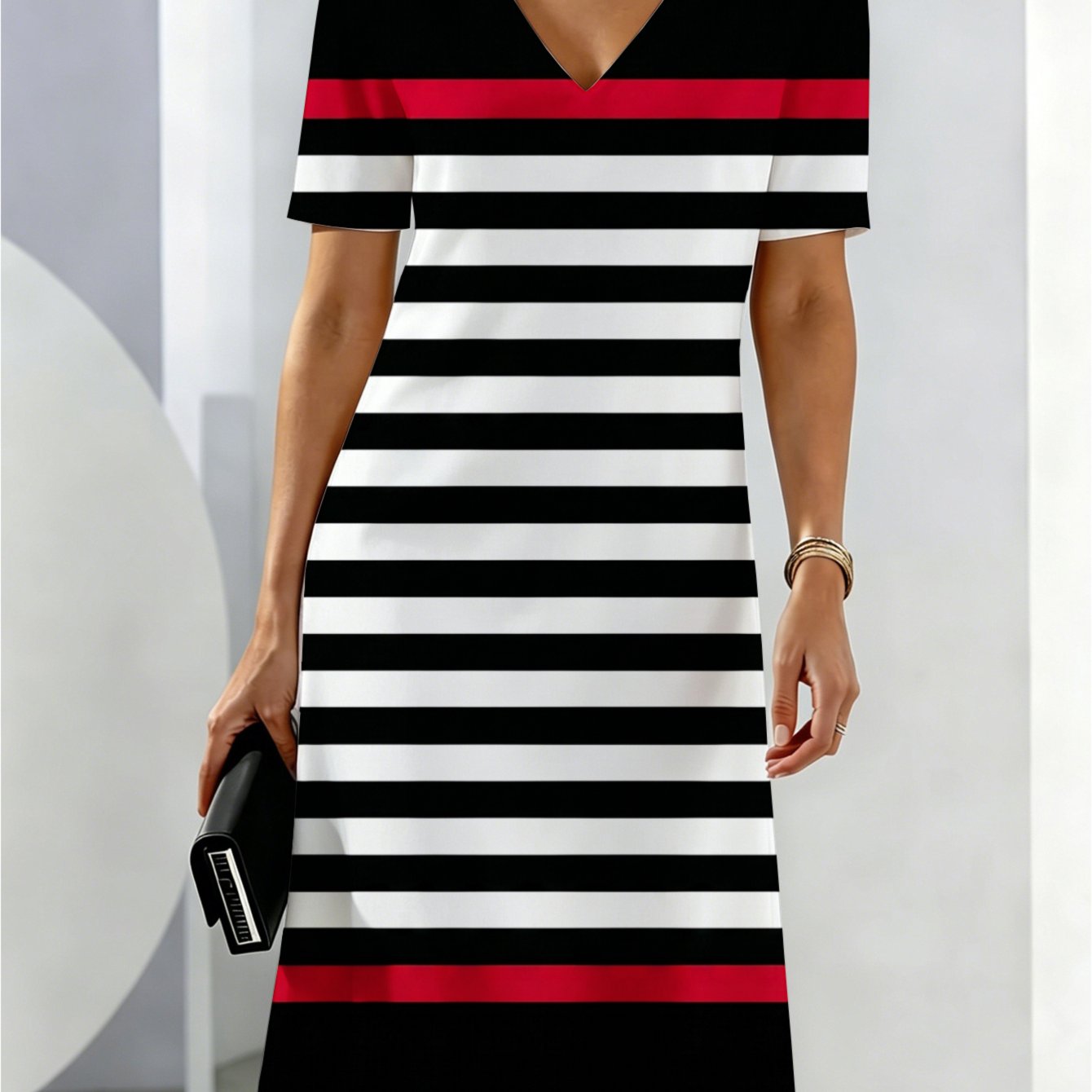 Image of Women's Summer Dresses Black White Red Stripes Pattern Breathable And Comfortable Summer Wear Summer Dress Party Dress Friendly