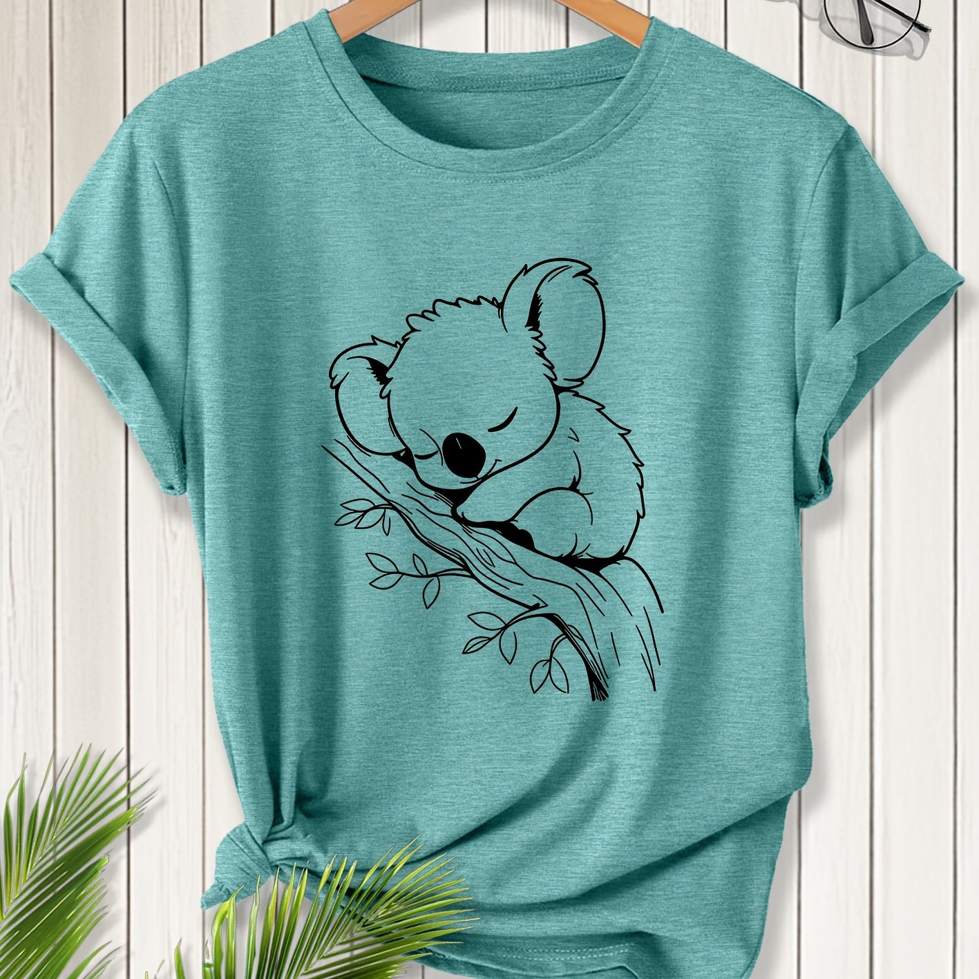 E-shop Elegantes Damen Kurzarm Koala Schlafende Print Rundhals T-Shirt | Vintage Stil, Bequem und Atmungsaktiv, Geeignet für Frühling, Sommer, Herbst,