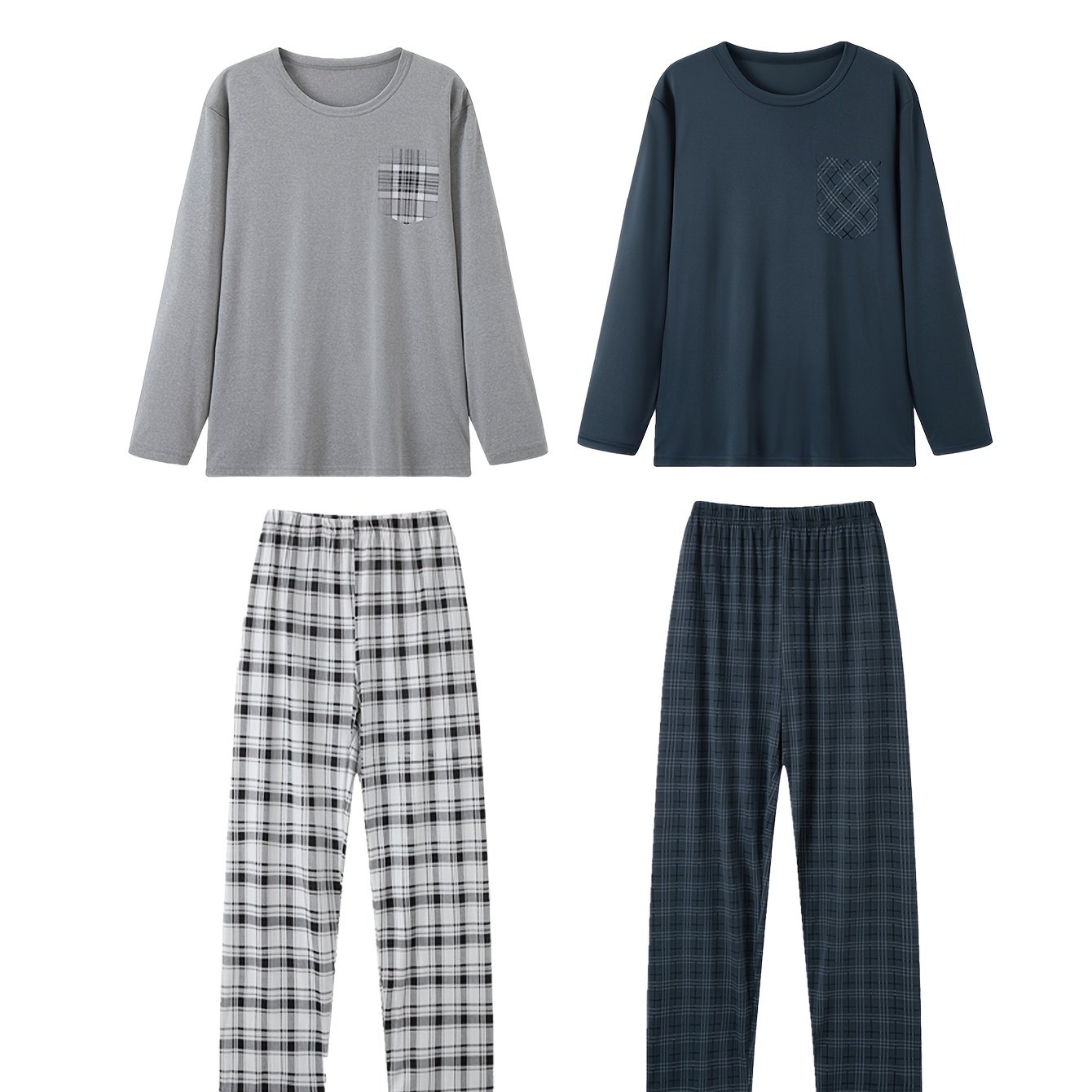 E-shop 4-teiliges Herren Herbst Langarm Langhose Hauskleidungs-Pyjama-Set 2 Langarm + 2 Lange Hosen Set Kombination Herren Karomuster Herbst