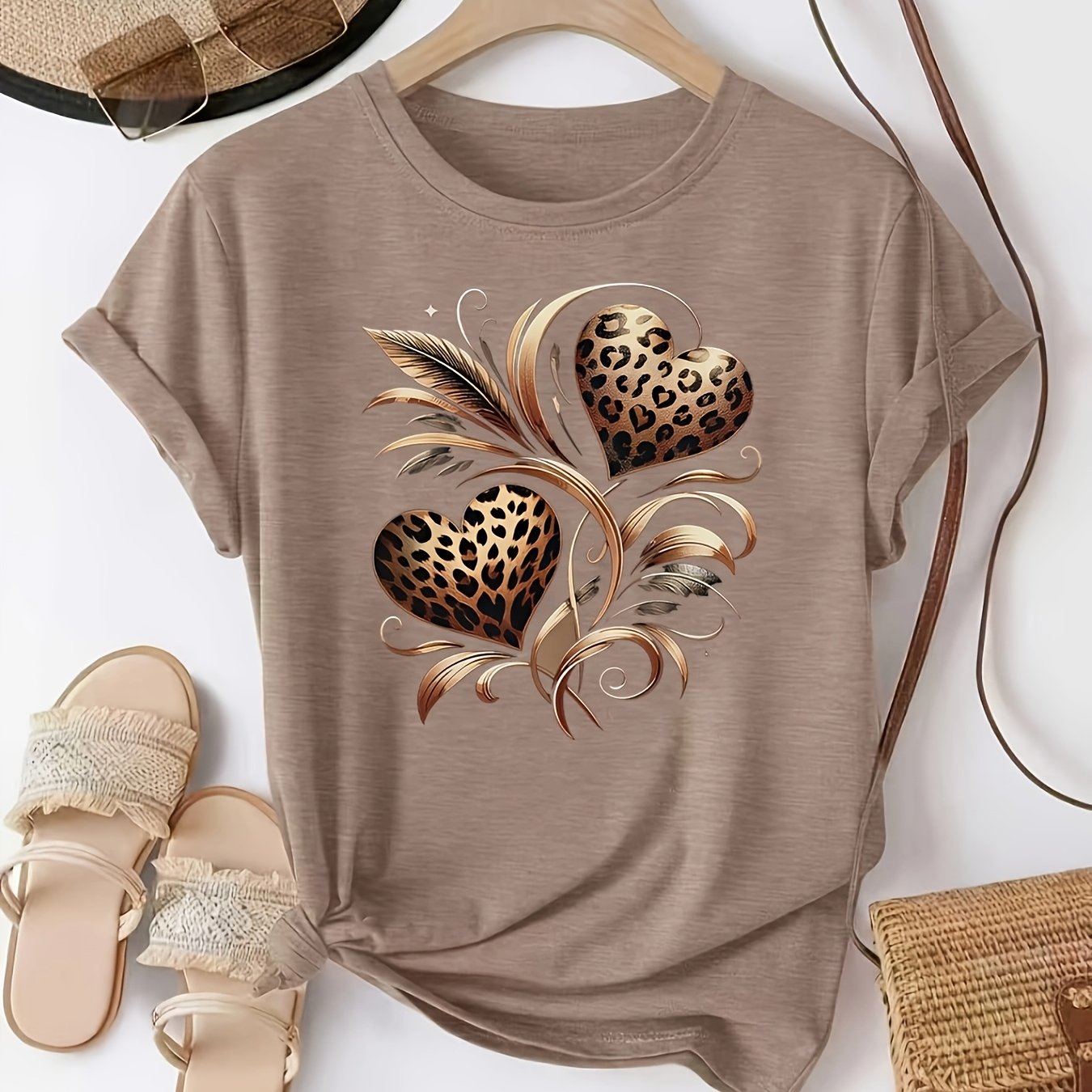 E-shop Plus Size Damen Kurzarmbluse - Sommer Rundhals T-Shirt mit Herzprint (Kompatibel mit Herzmuster) | Lockerer Casual Top | Maschinenwaschbar für