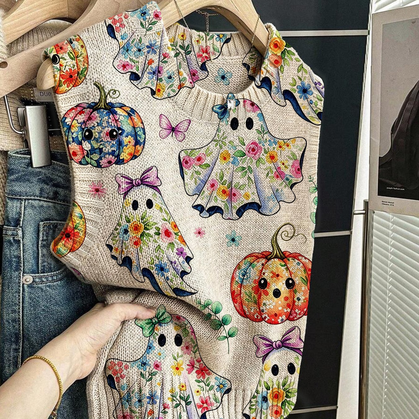 TEMU [2d Digital Printing] Halloween Pumpkin Print, Women's Pullover Sweater, Fashionable Item, Round Neck , , Wardrobe Essential, Trendy Knitwear,