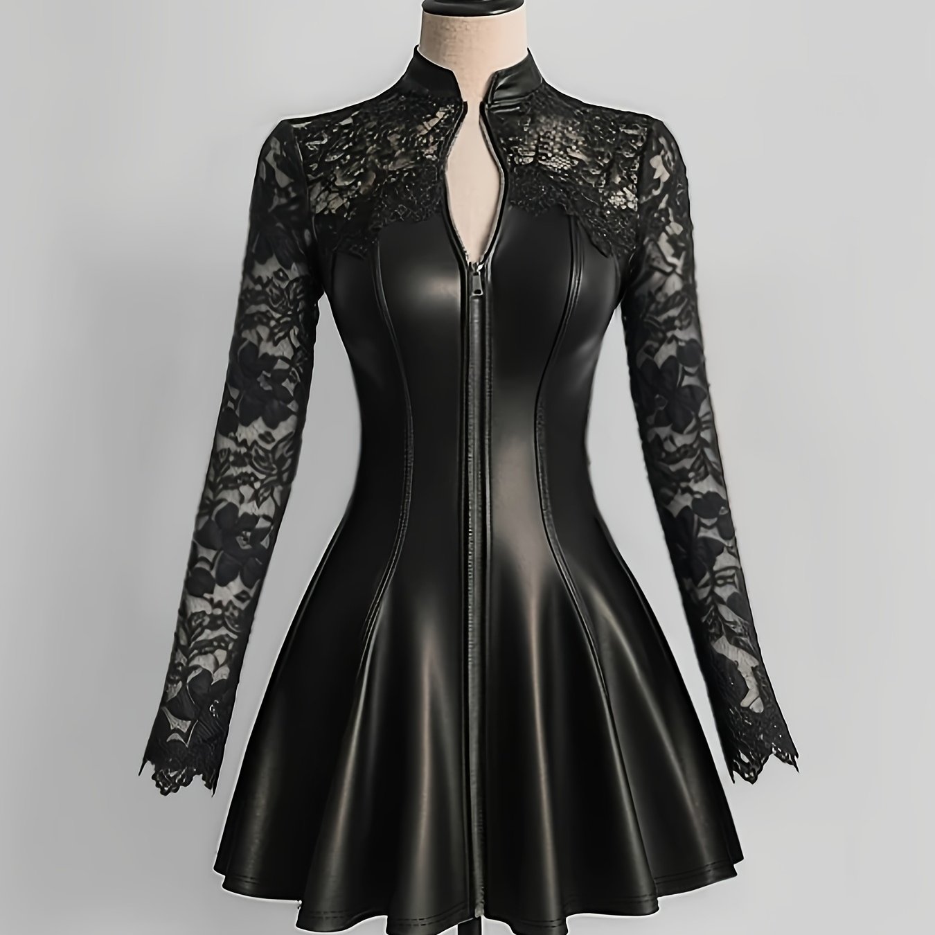 TEMU Women's Spring And Summer Fashion Elegant Pu Stitching Lace Dress