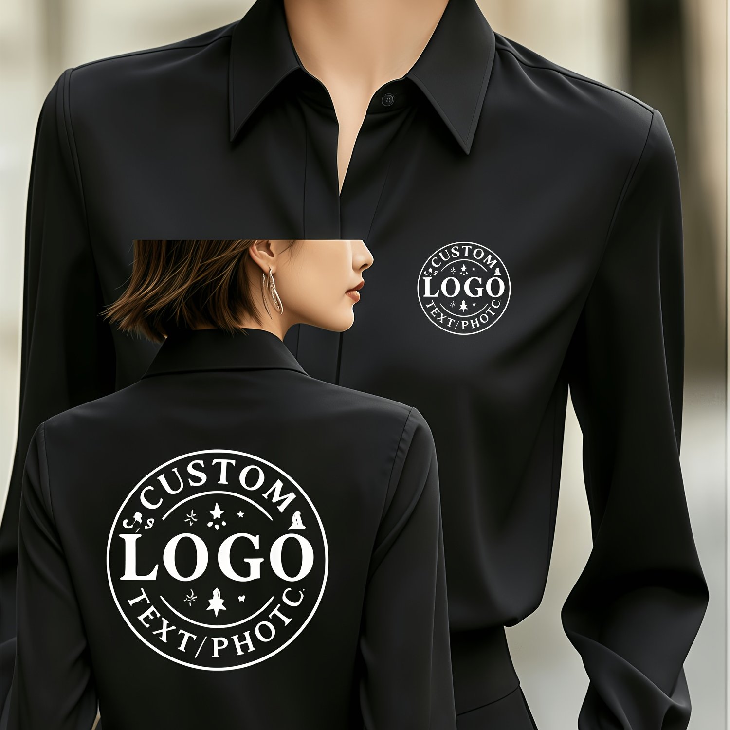 TEMU Private Customization Front And Back Double-sided Logo Long Sleeve Shirt, Custom Pattern Lapel Shirt