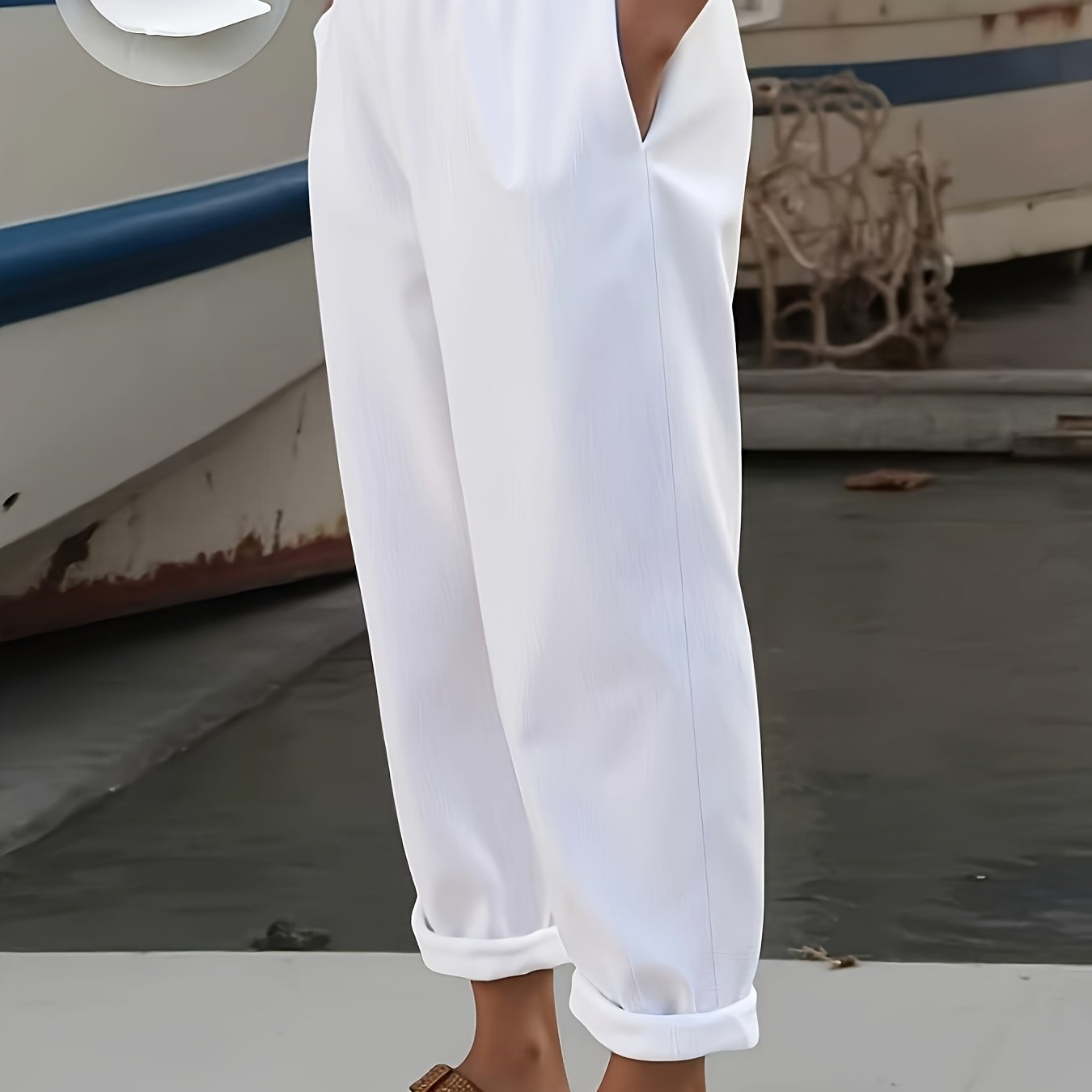 TEMU Plus Size - Plus Size - Plus Size Women's Elegant White, Black, Navy, Multicolor Optional Pocket-embellished Straight Pants, Comfortable
