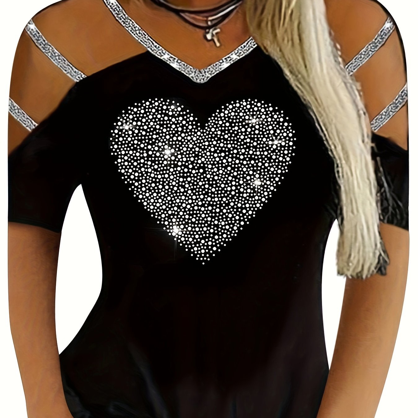 Plus Size - Plus Size - Hollow-out Ribbon Hot-drilled Plus Size Women's Short Sleeve Top