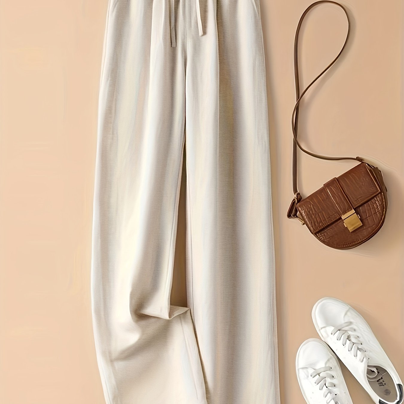 TEMU Solid Color Loose-fitting Thin Casual Wide-leg Pants For Women, Vintage Versatile Elastic High-waist Tie-waist Artistic Casual Straight-leg Long
