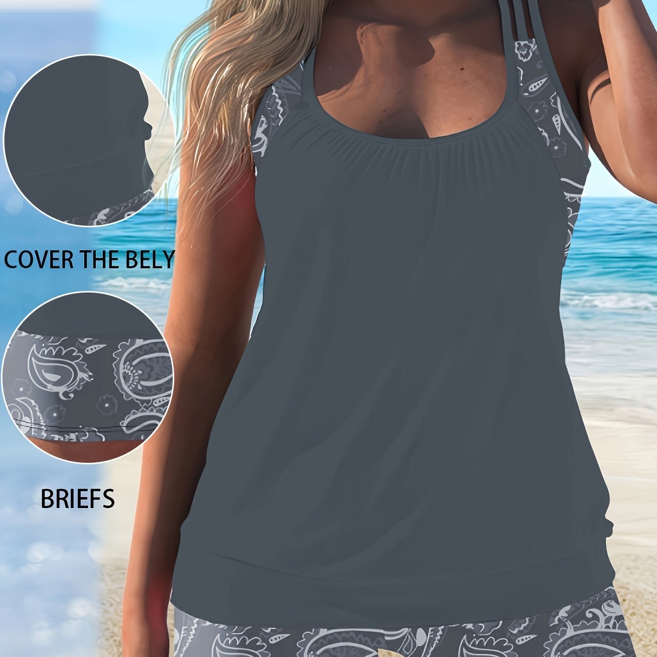 Image of Women's Plus Size Tankini, Paisley, Sexy And Elegant, High-waisted Briefs, Slim Fit And Figure-flattering