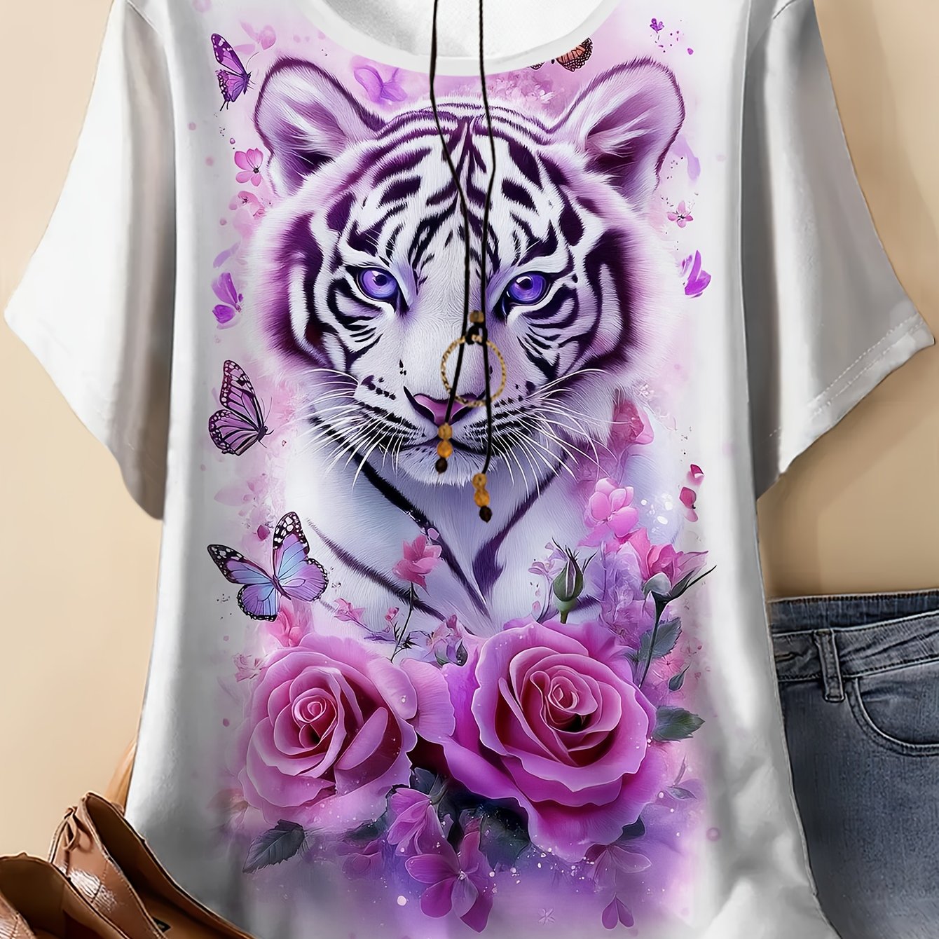 TEMU Plus Size, Women's Tiger, , And Rose Pattern Print T-shirt - Casual Short Sleeve Crew Neck Top, Art Design, Breathable And Comfortable For ,