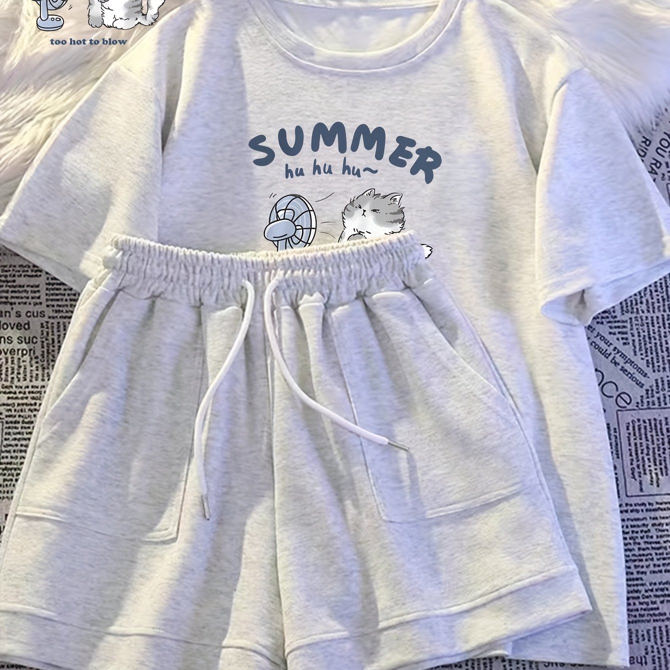 TEMU Summer New Arrival, Versatile Short Sleeve Shorts Two-piece Set, Cat Blowing Fan Pattern, Casual And Dynamic Daily Wear