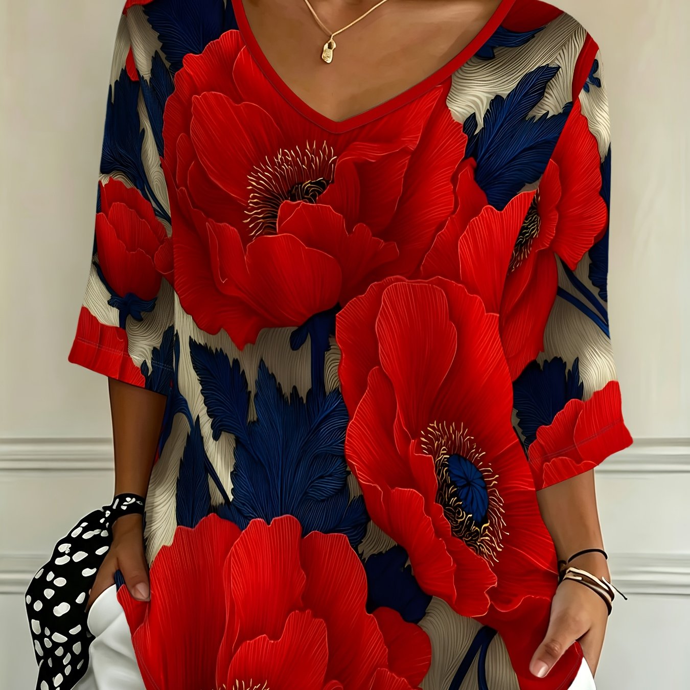 TEMU Plus Size, New Casual And Fashionable Summer/autumn Women's Plus Size Loose-fit -eighth Sleeve V-neck T-shirt Top With Large Rhoeas Print