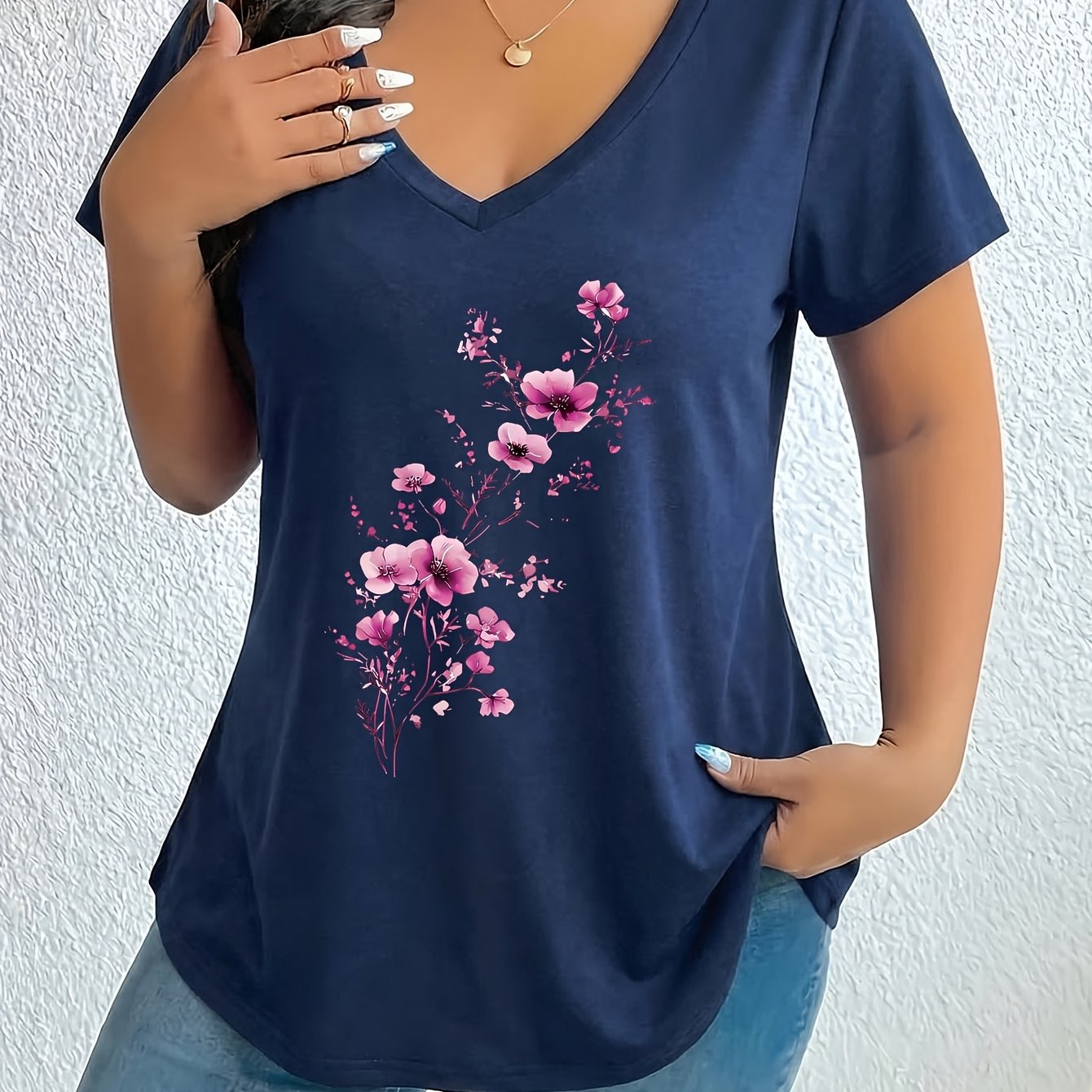 TEMU Plus Size, Plus Size Women's V-neck T-shirt - Elegant Solid Color Blouse-compatible Basic Top Suitable For Spring/summer, Machine Washable