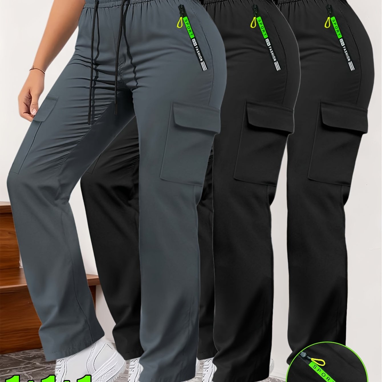 3pcs Set Women's Comfortable Loose Straight-leg Cargo Pants, High-waisted Drawstring Design, Secure Zipper Pockets, Lightweight Outdoor Walking Casual Sweatpants
