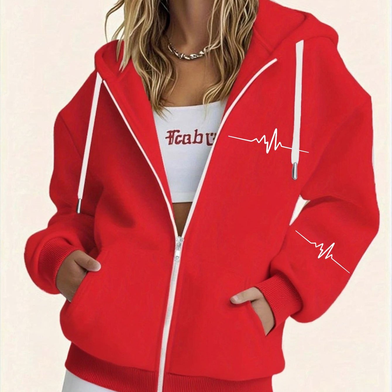 TEMU Women's Comfortable Fleece Lined Hooded Sweatshirt With Geometric Heartbeat Pattern Print, Long Sleeved Pocket Hooded Zipper Sweatshirt, Women's