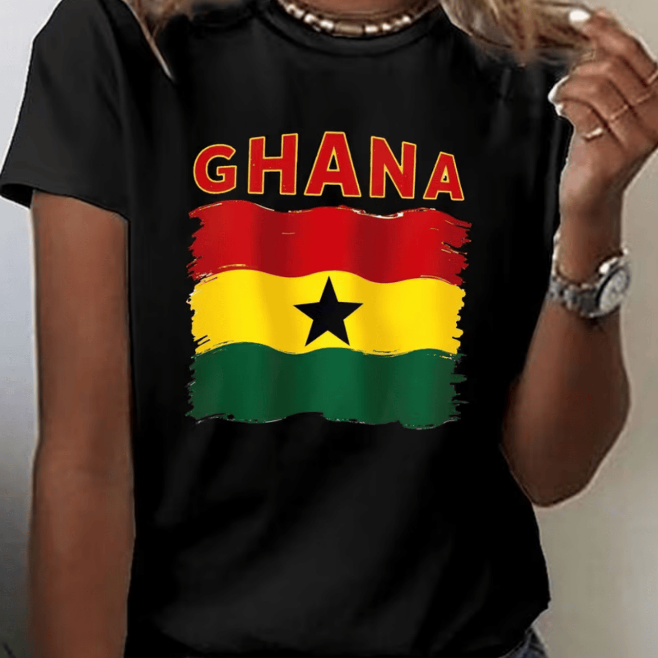 TEMU Women's Ghana Flag Print T-shirt, Short-sleeved Round Neck Casual Top, Suitable For Spring And Summer, , With Strong "ghana" Text And ,