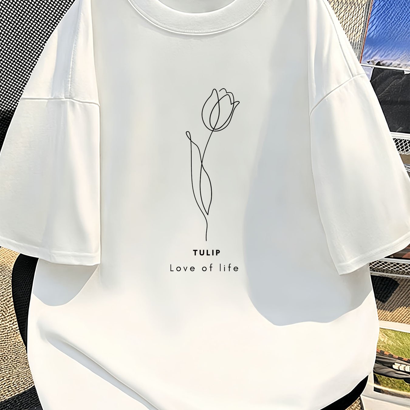 Image of New Summer Women Aesthetic Flower Line Drawing Tee - Lightweight Relaxed Fit Short Sleeve Shirt, Vintage Inspired Daily Wear