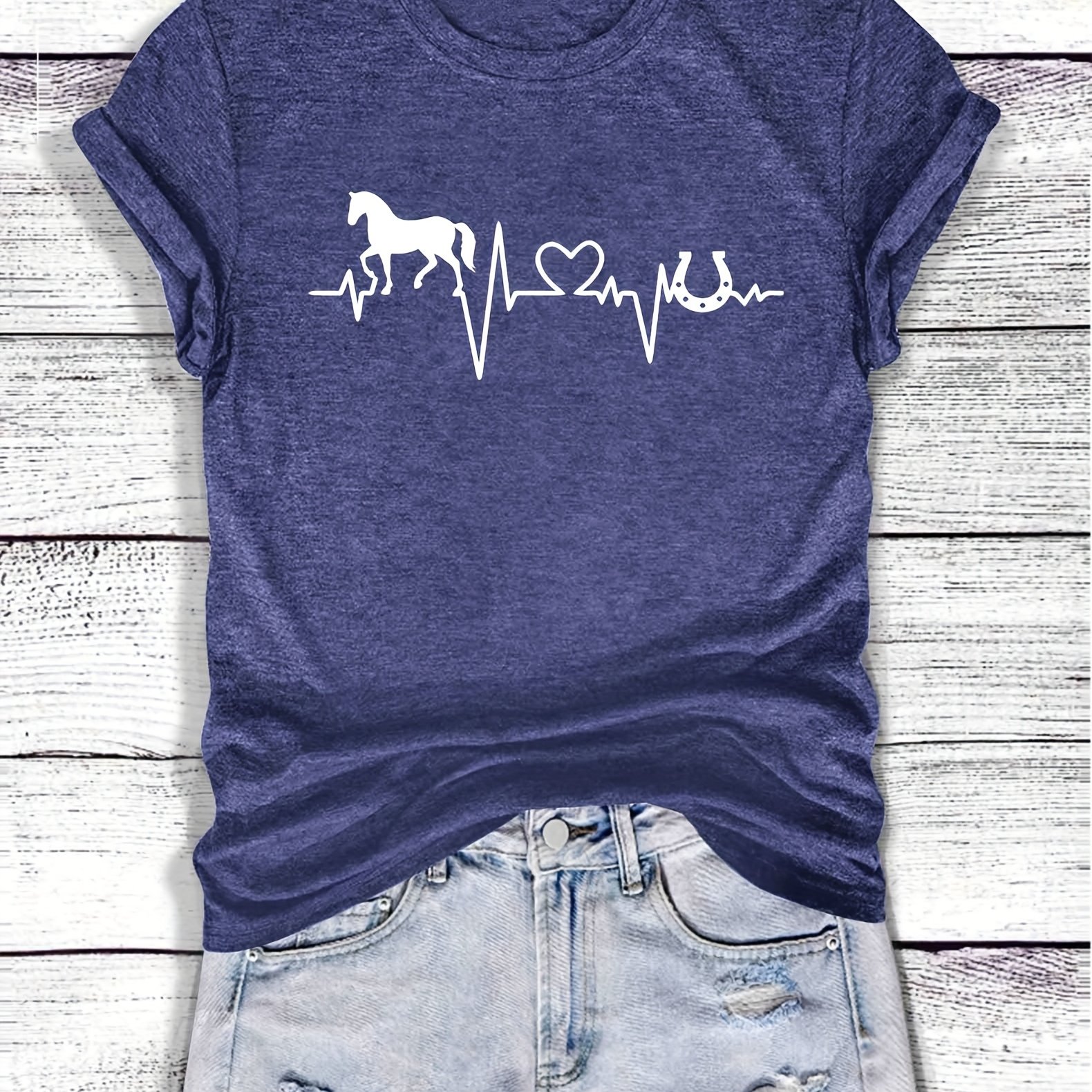 TEMU Vintage White Horse & Equestrian T-shirt - Short Sleeve Round Neck Casual Blouse, S-xxl, Machine Washable Spring Summer Outfits & Horse Riding
