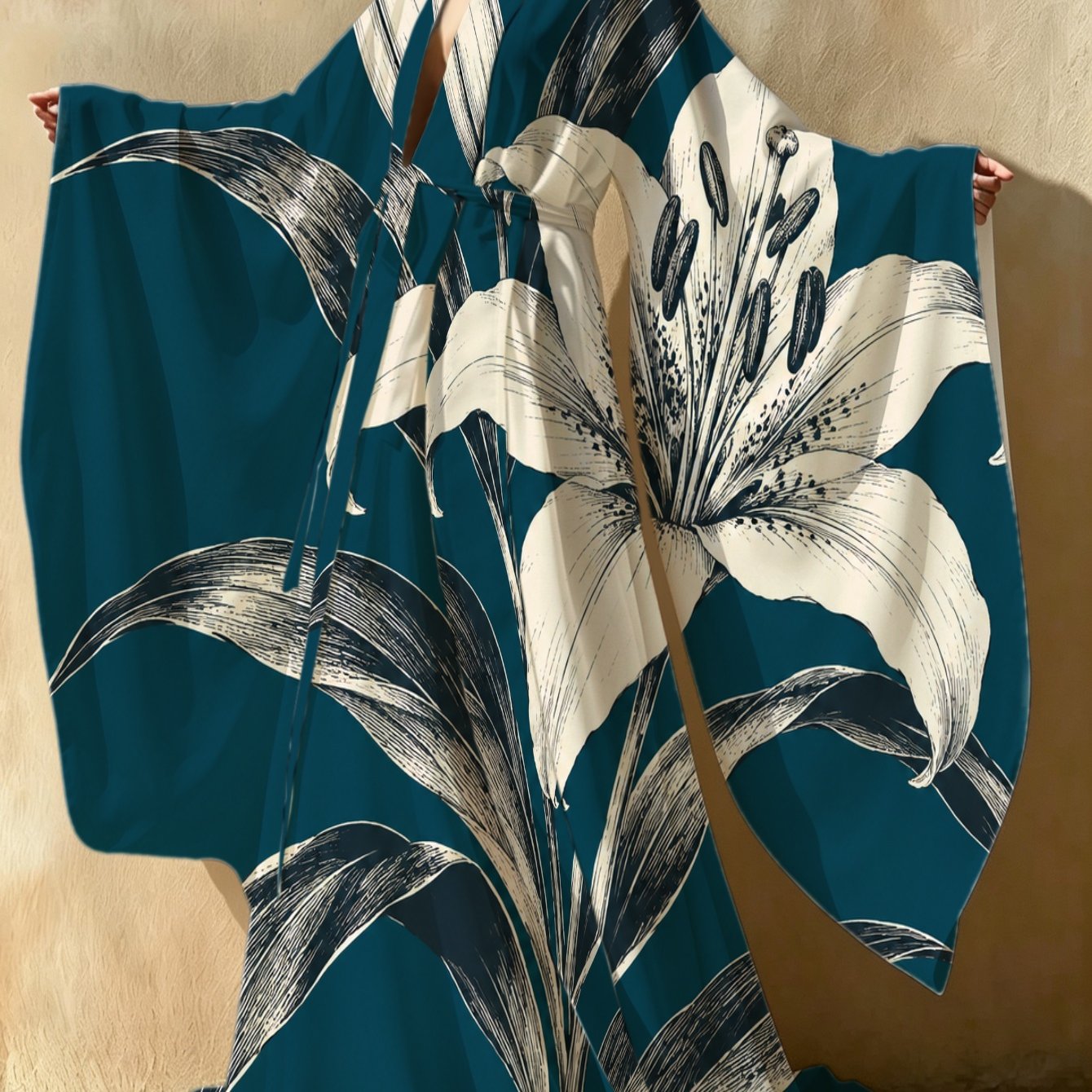 Image of 1 Item Lily Flower Kimono Robe. Bohemian And Artistic Style. . Vintage Ethnic Clothing. Home Robe. Washable. Halloween Carnival!