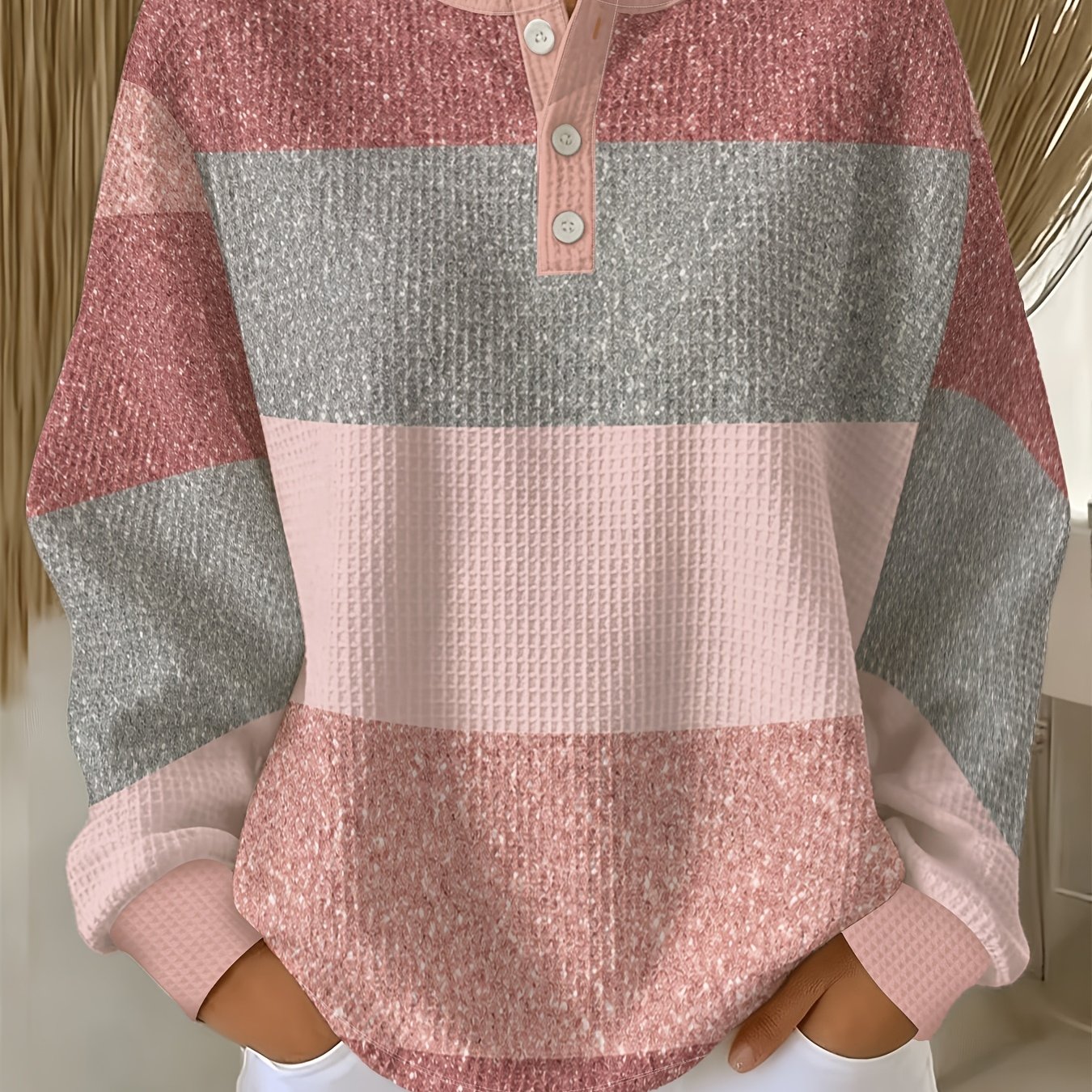 TEMU T-shirt Henley pour femme, rose et gris à rayures contrastées, haut décontracté et polyvalent à manches longues