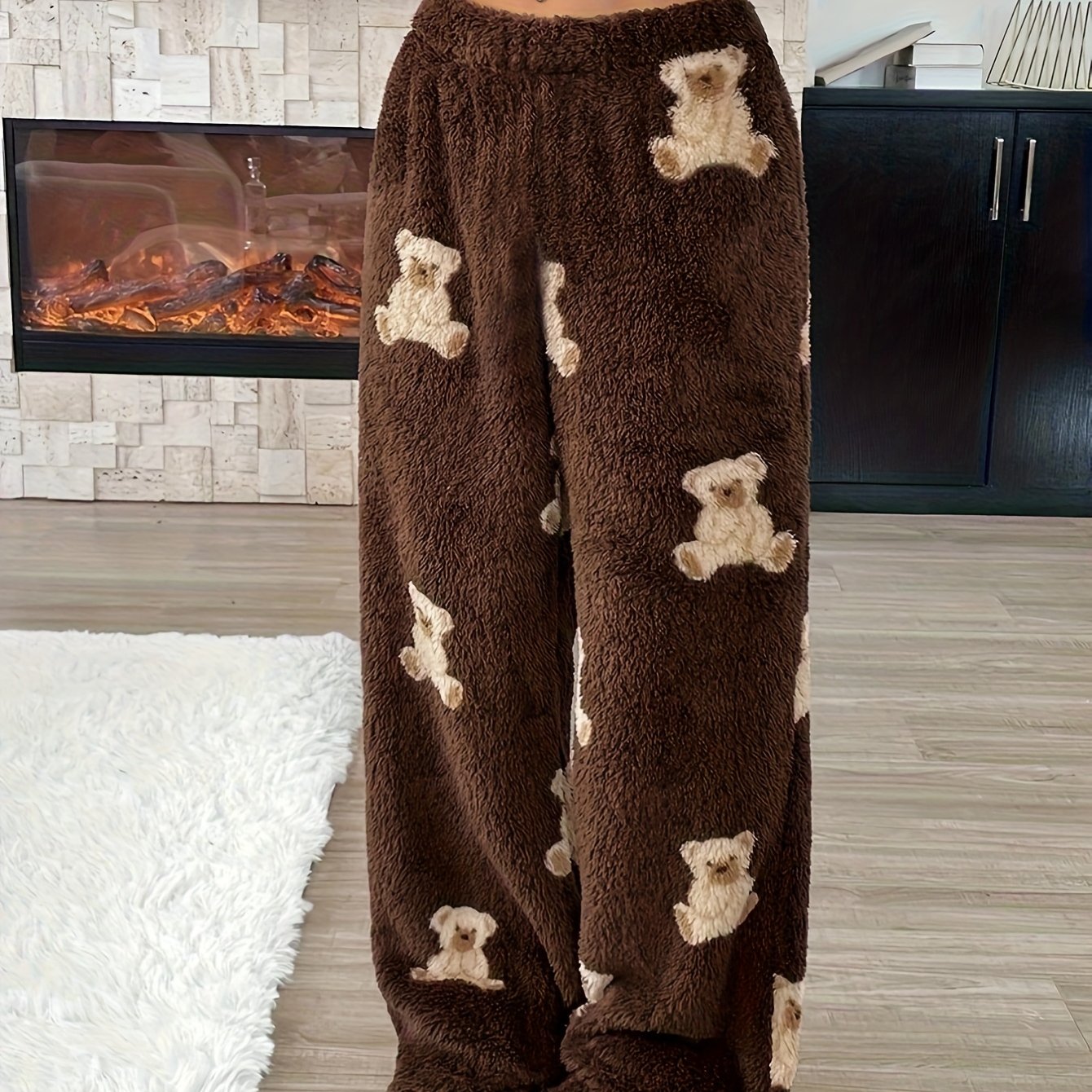 E-shop KY Damen Freizeit Cartoon Bär Muster Kordelzug Bundhose Teddy Herbst und Winter Bequeme Warme Plüsch Lange Hosen Gerade Bein Hosen