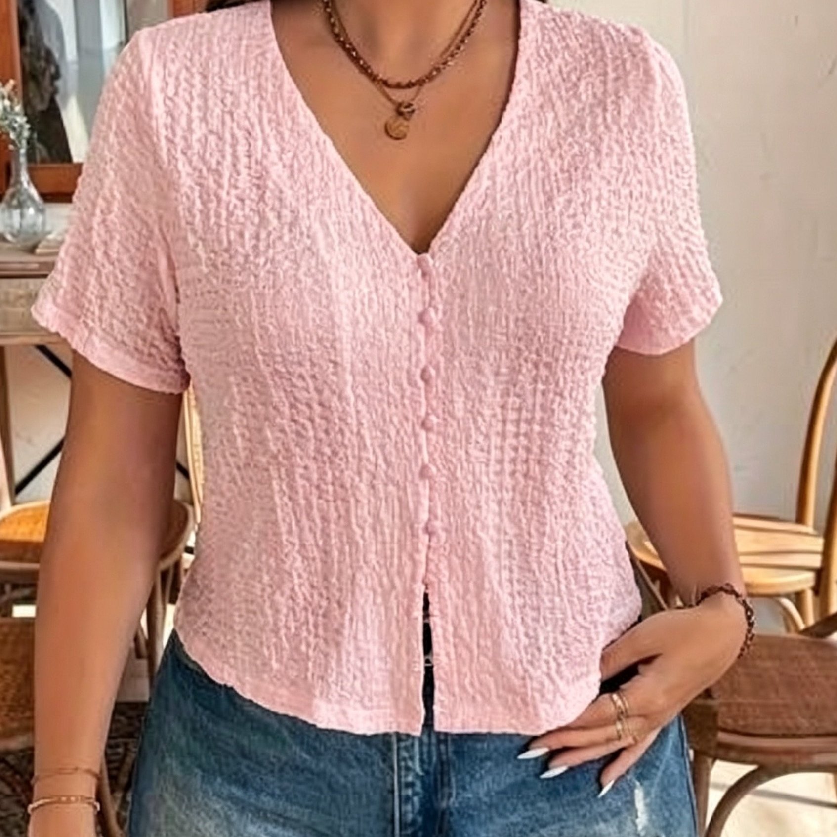 TEMU Button- V-neck Shirt