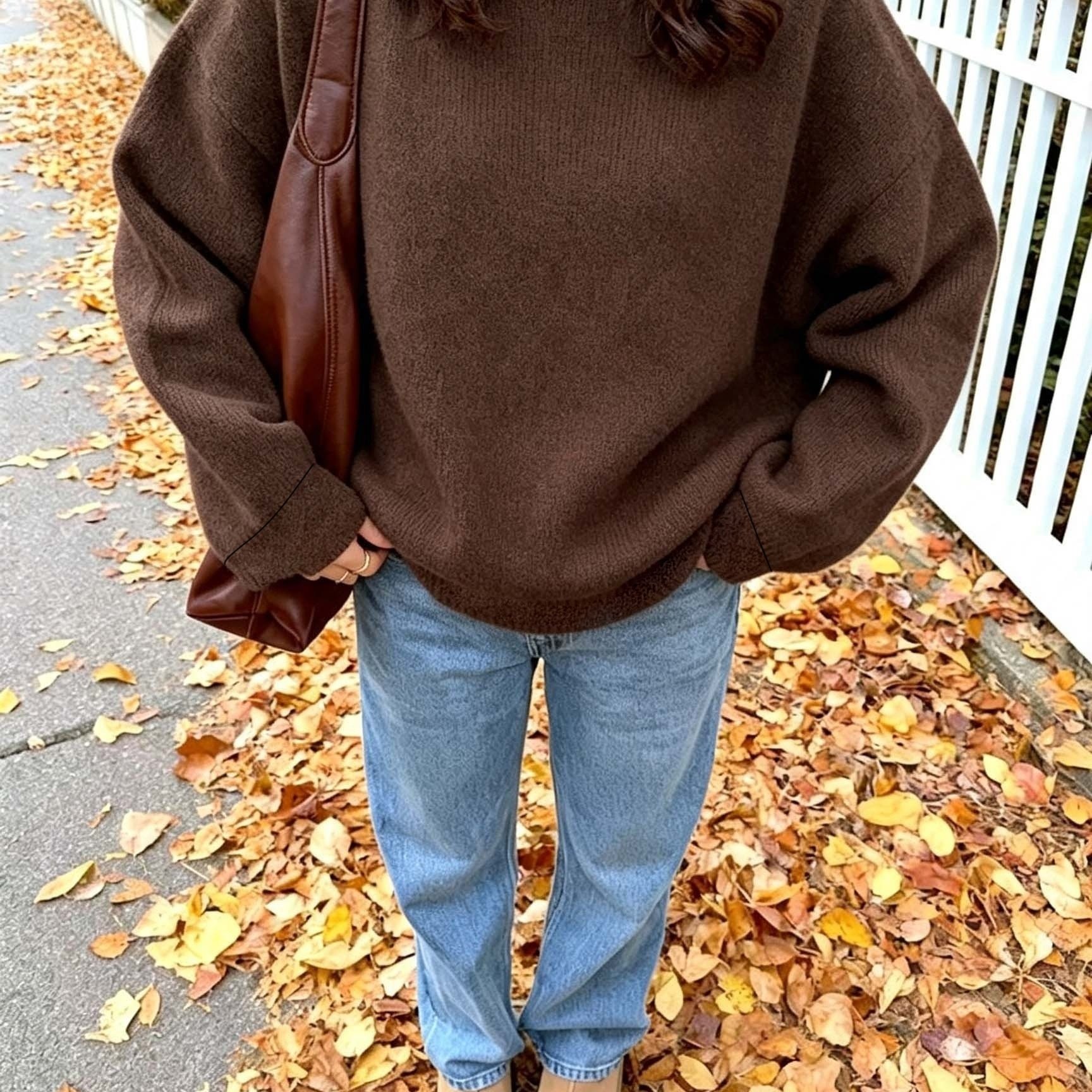 TEMU Versatile Solid Color Sweater, -style Casual Crew Neck Long Sleeve Top, Polyester Fabric, In Multiple Colors And Sizes, Machine Washable, Simple