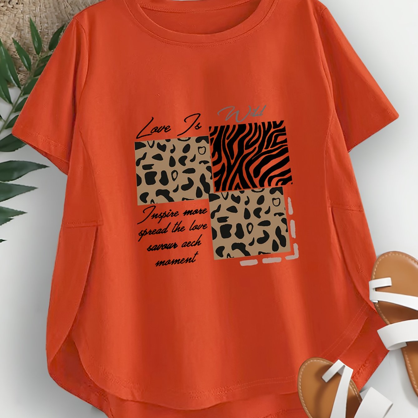 E-shop Damen T-Shirt - Leopardenmuster Streifen Buchstaben Print, Kurzarm Rundhals Freizeit Top, Geeignet für Sommer und Frühling, Schwarzer Buchstabe