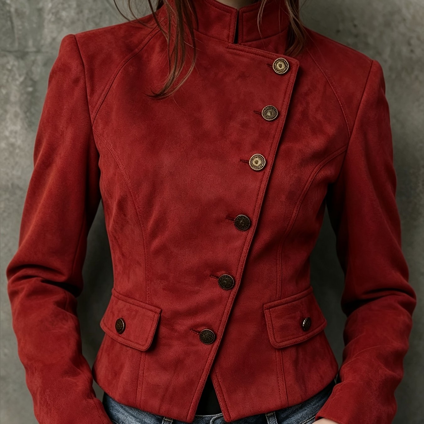 TEMU Chaqueta retro de cuello corto para mujer, casual y elegante con cierre de botones diagonales, chaqueta de trabajo a la cintura, chaqueta de