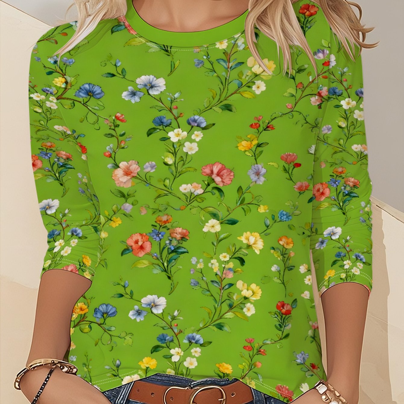 TEMU Retro Color Full Body Pattern Fashion Spring Autumn Trendy Women's Top Women's Round Neck Long Sleeve T-shirt - 085