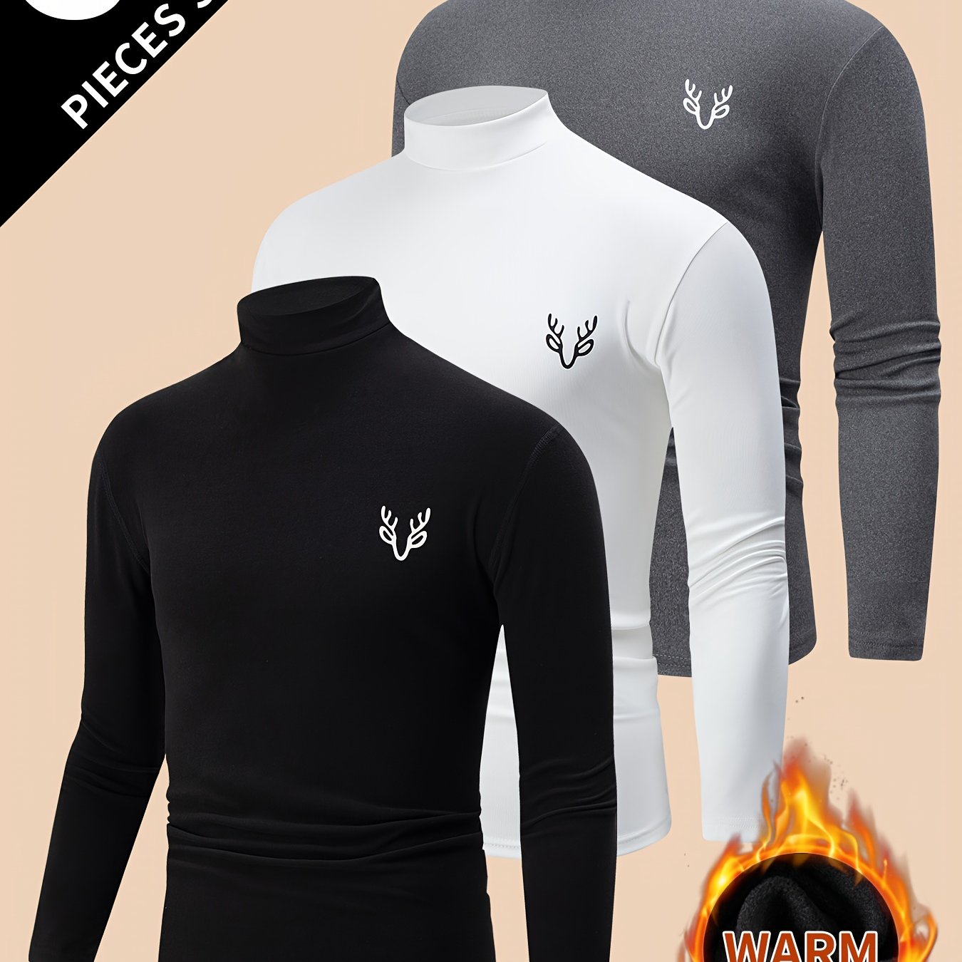 TEMU 3pcs Men'-sided Turtleneck Long-sleeve T-shirt, Autumn/winter Lapel Thickened Warm Casual Inner Wear Brushed Base Layer Sweatshirt Top