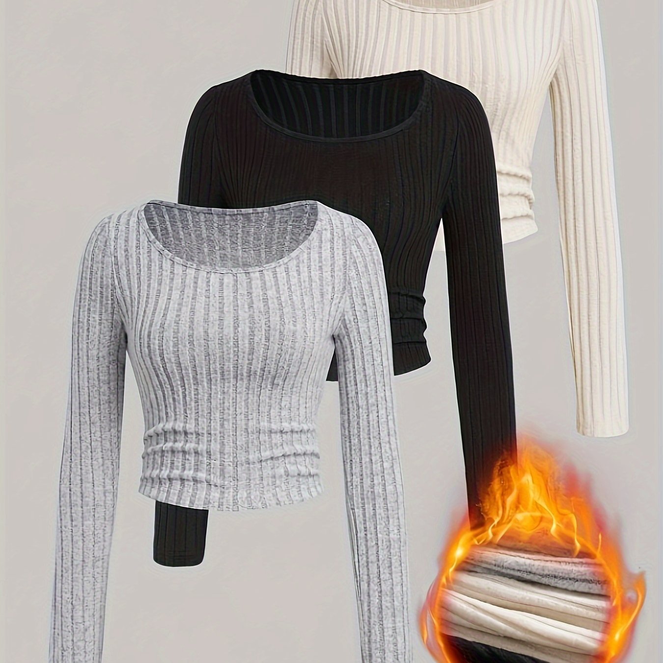 A Set Of 3 Elegant Women's Outfits For Autumn And Winter, Featuring Solid Color Ribbed Tops, Thickened Warm Short-sleeve T-shirts, Fitted Round-neck Shirts, Stylish For Commuting, And Suitable For