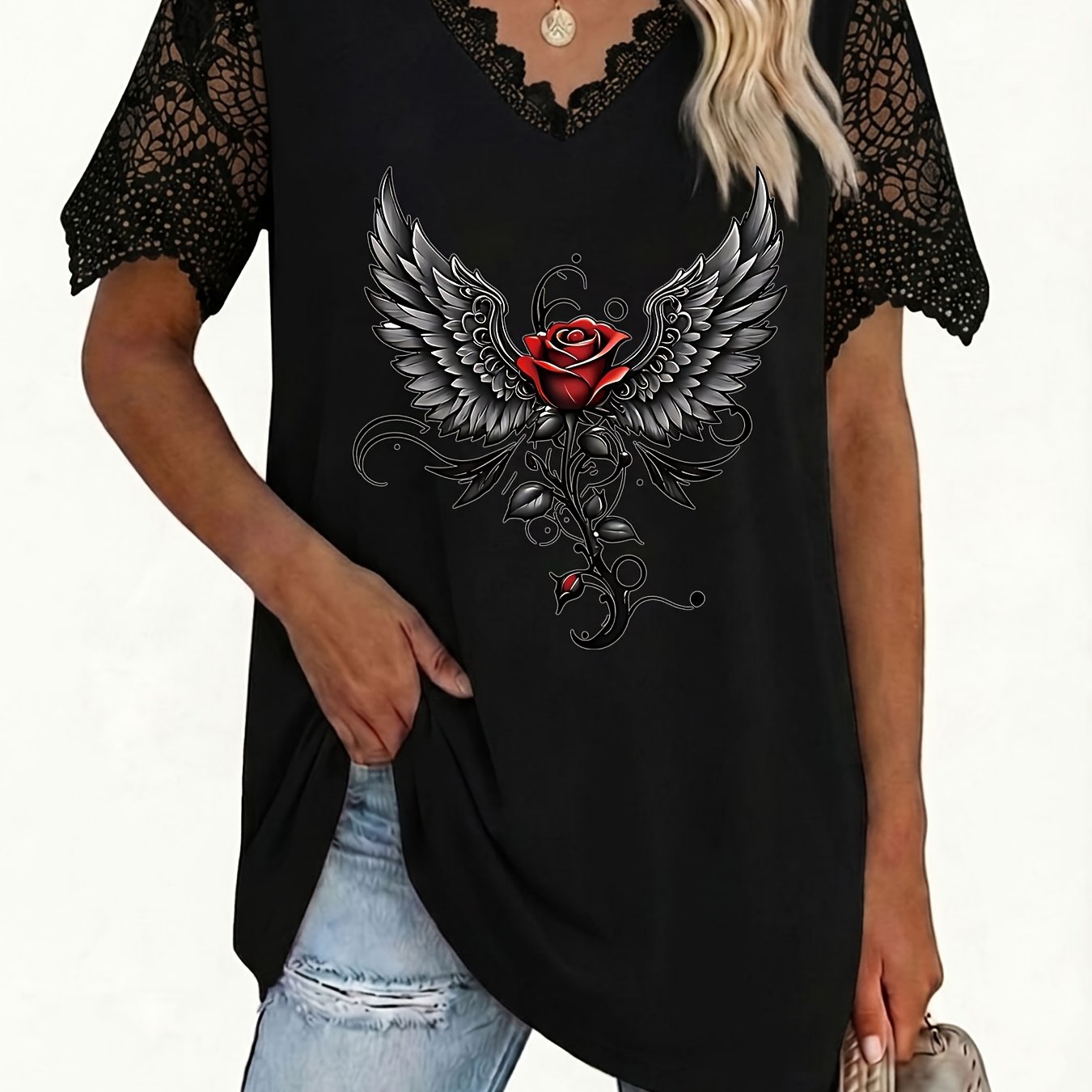 TEMU Plus Size, Plus Size Lace Trim Women's Summer V-neck T-shirt, Tummy Control Top