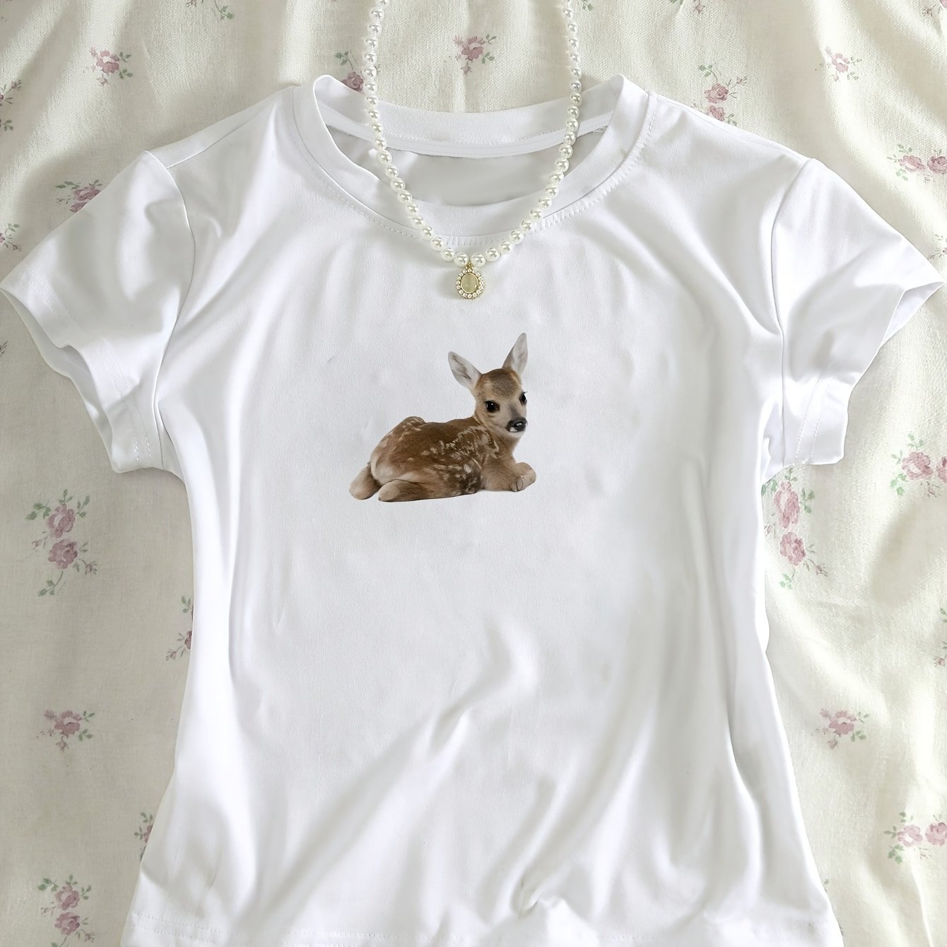 TEMU 00008-fashion Hot Y2k Creative Trendy Deer Reindeer Animal Pattern Printed T-shirt, Short Sleeve Round Neck Casual Top, Summer And Spring,