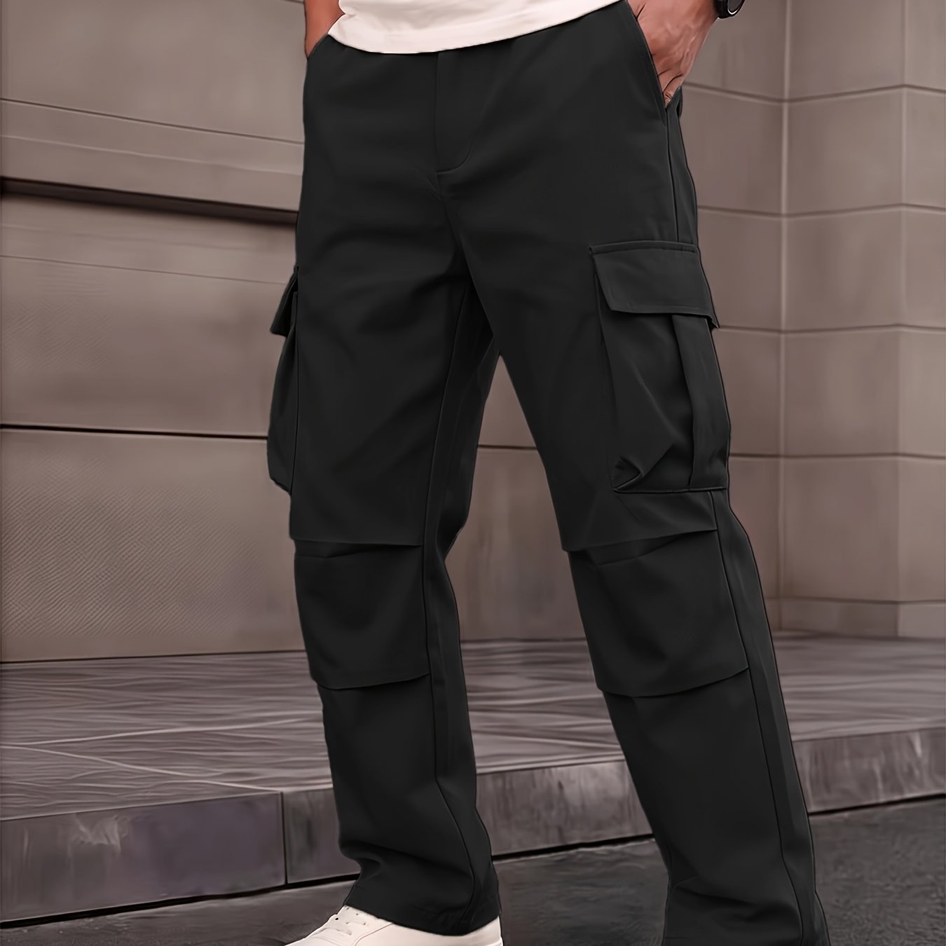 TEMU Kj-c031 Men's Cargo Pants, Sports Cross-border Plus Size, Non-stretch Solid Color Regular Outerwear, Casual, Regular Fit, Cargo Pockets, Loose