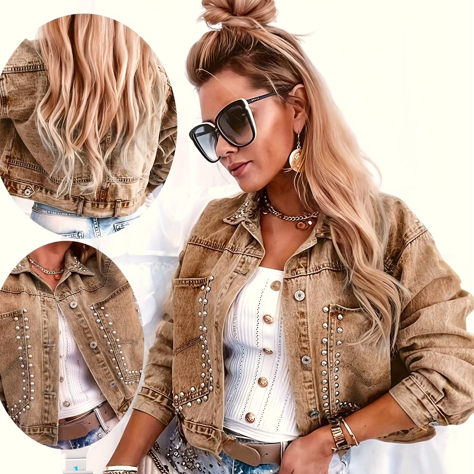 Image of 26aw Women's Khaki Non-stretch Vintage Versatile Casual Fashionable Elegant Pocket Machine Washable Durable Multi-functional Loose Beaded Long-sleeve Top Denim Jacket Streetwear Trendy Style